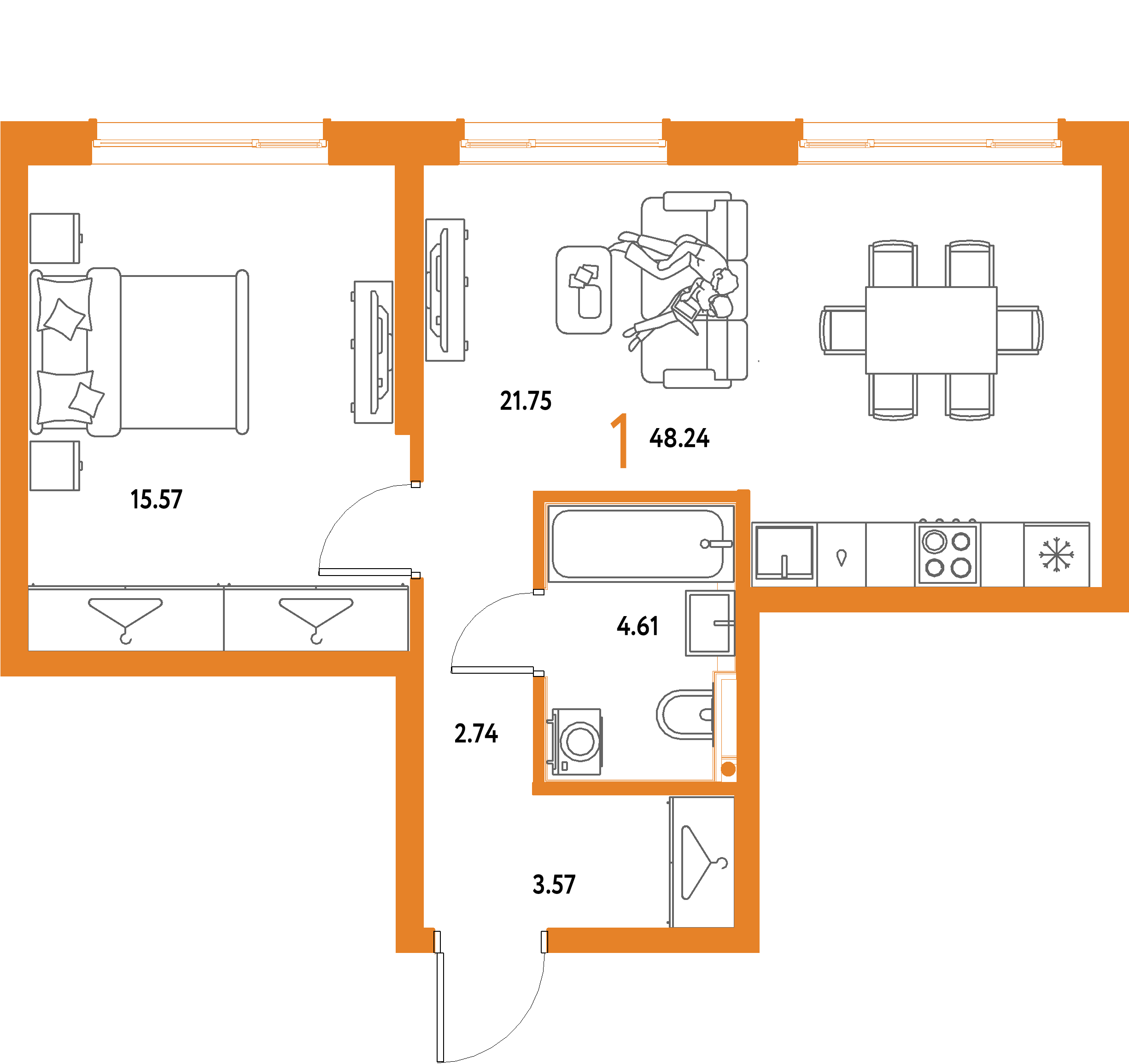 ЖК "Страна.Парковая"-1-комнатная 48.24 м²