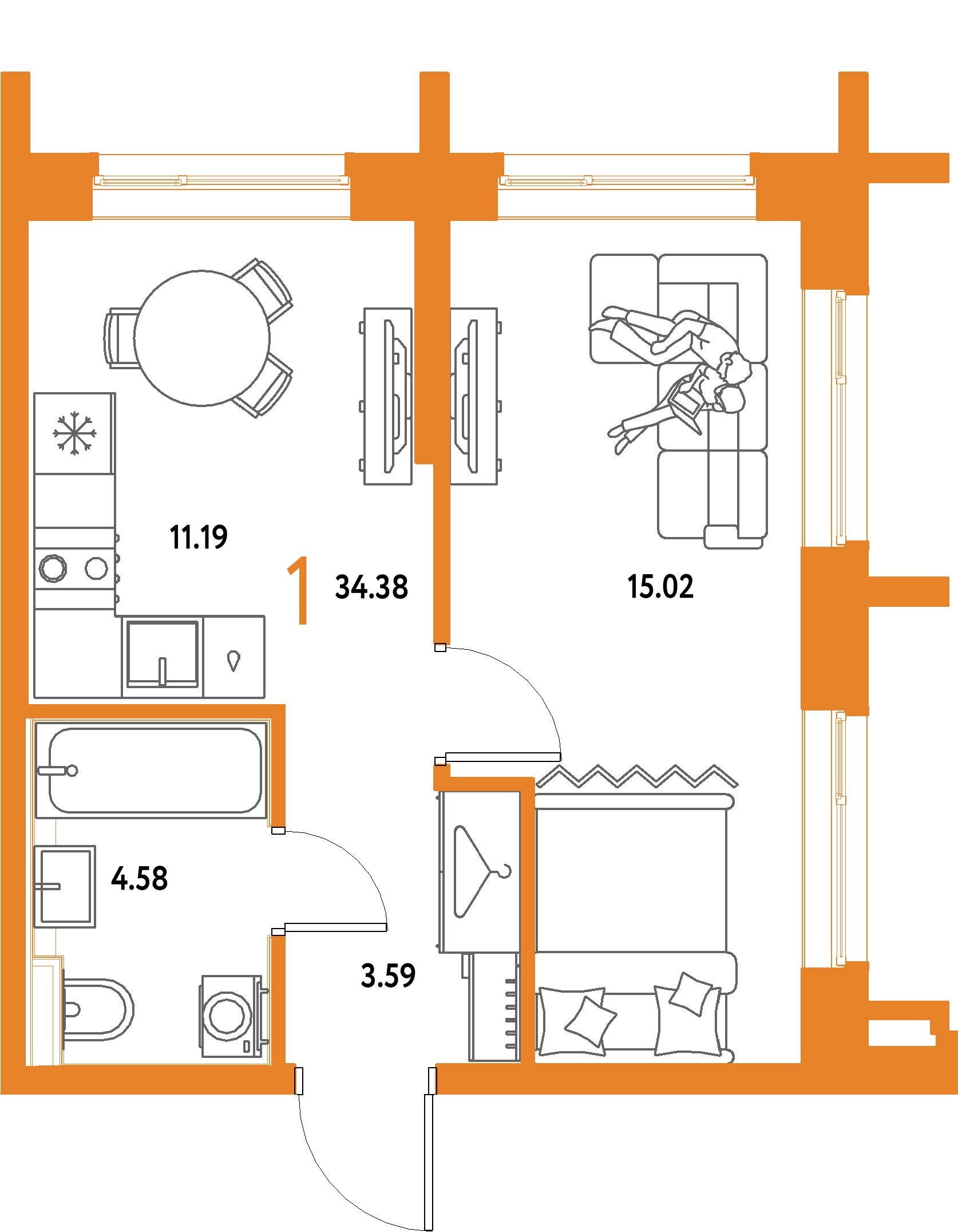 ЖК "Страна.Парковая"-1-комнатная 34.38 м²
