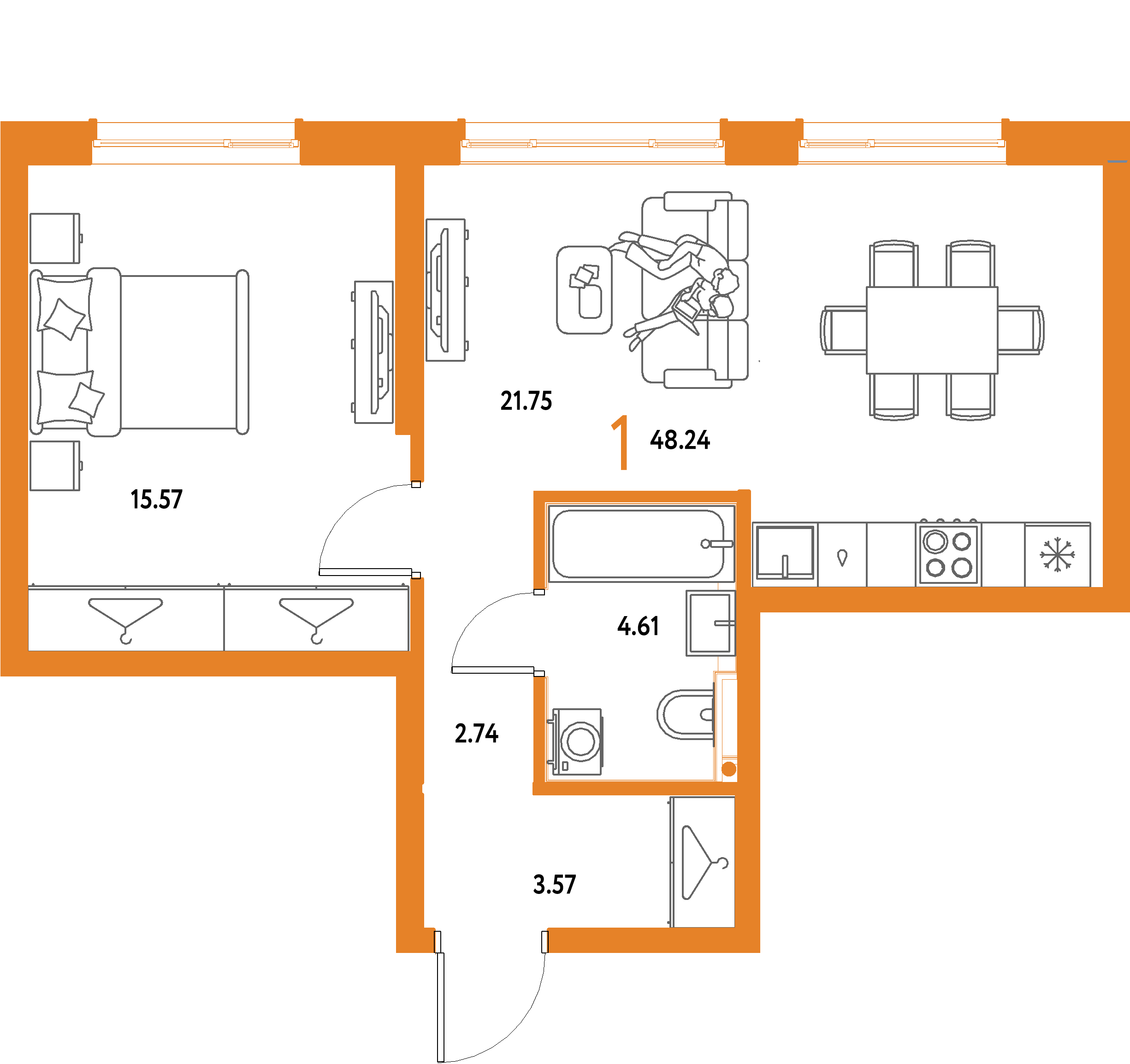 ЖК "Страна.Парковая"-1-комнатная 48.24 м²