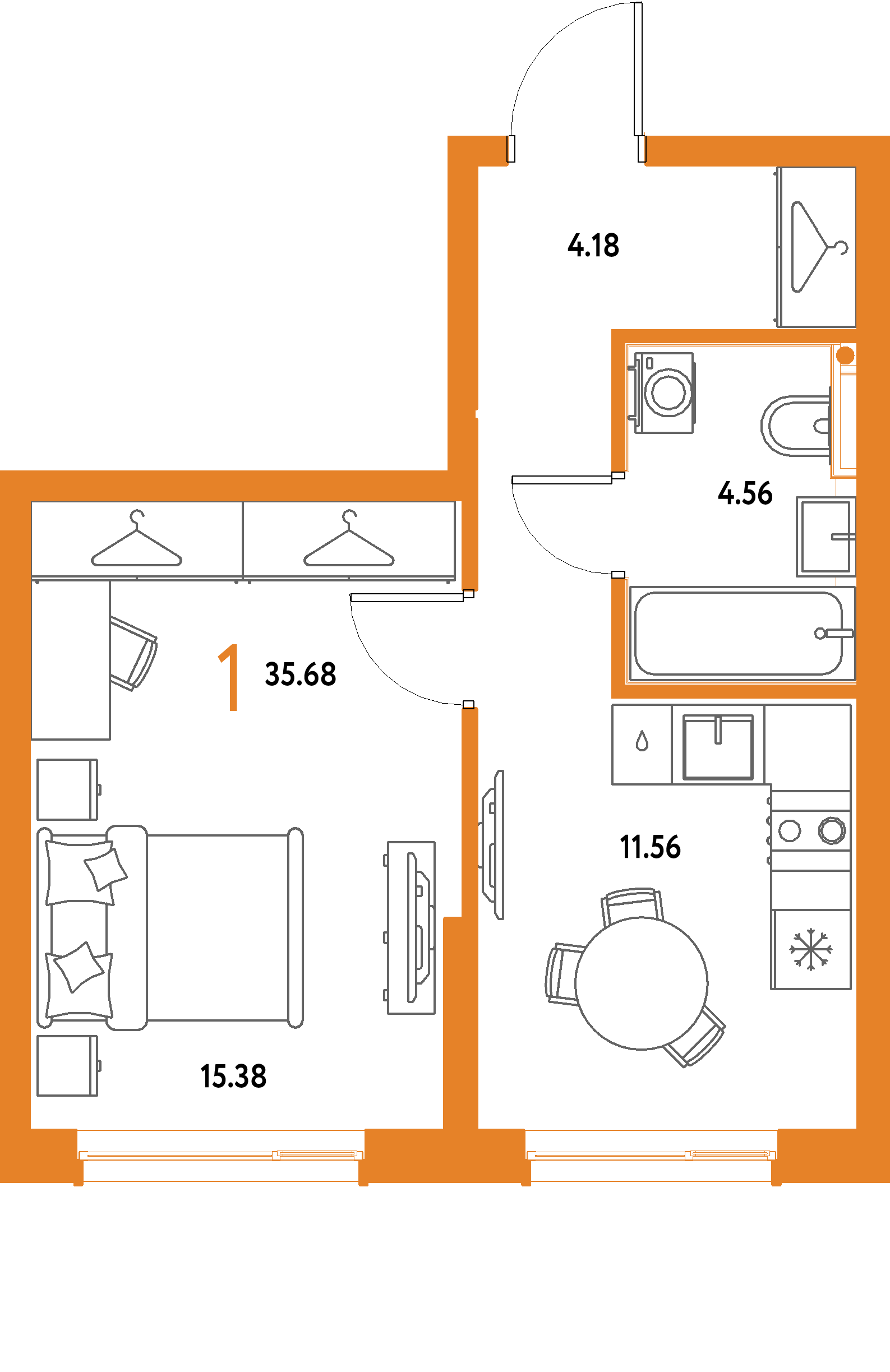 ЖК "Страна.Парковая"-1-комнатная 35.68 м²