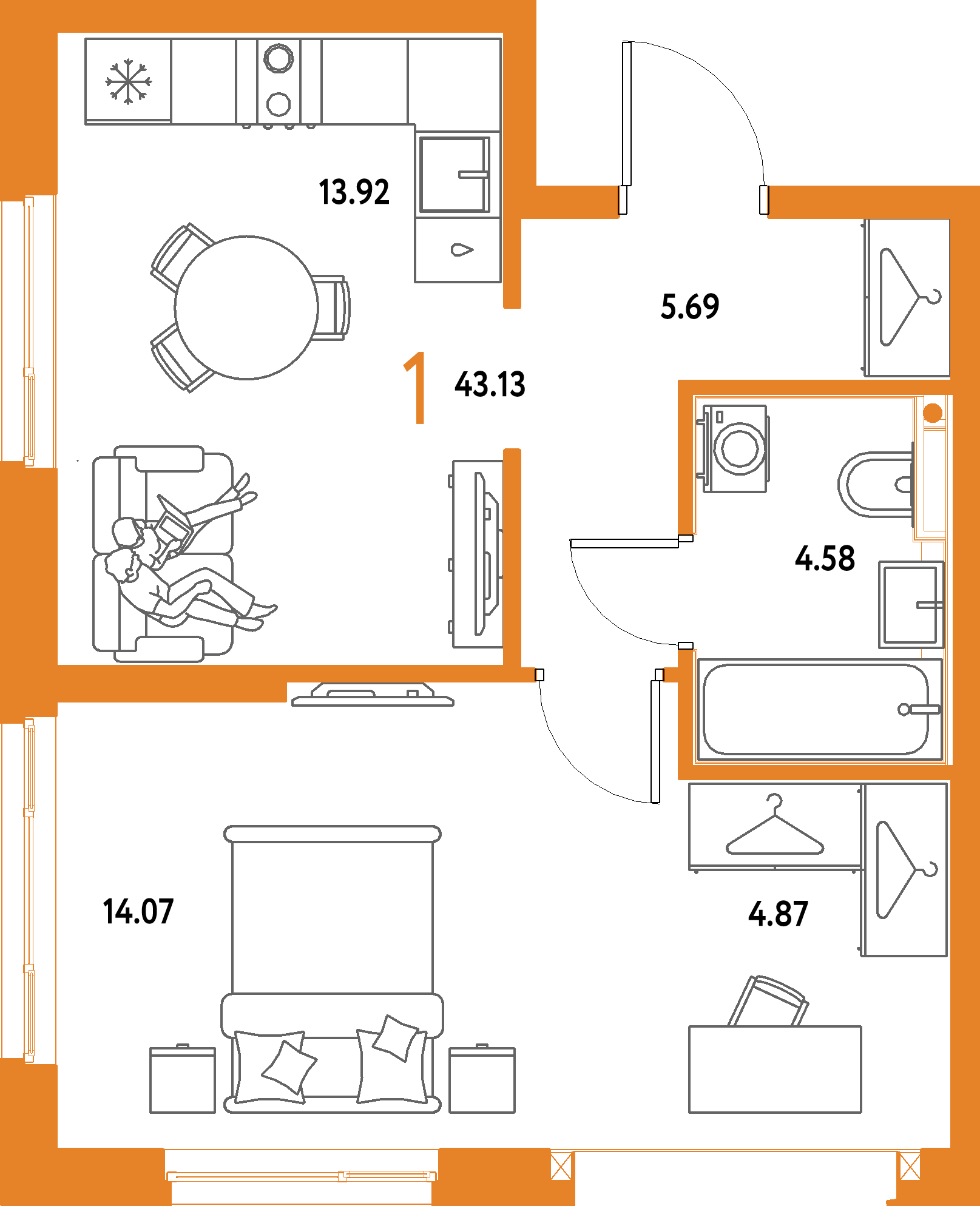 ЖК "Страна.Парковая"-1-комнатная 43.13 м²