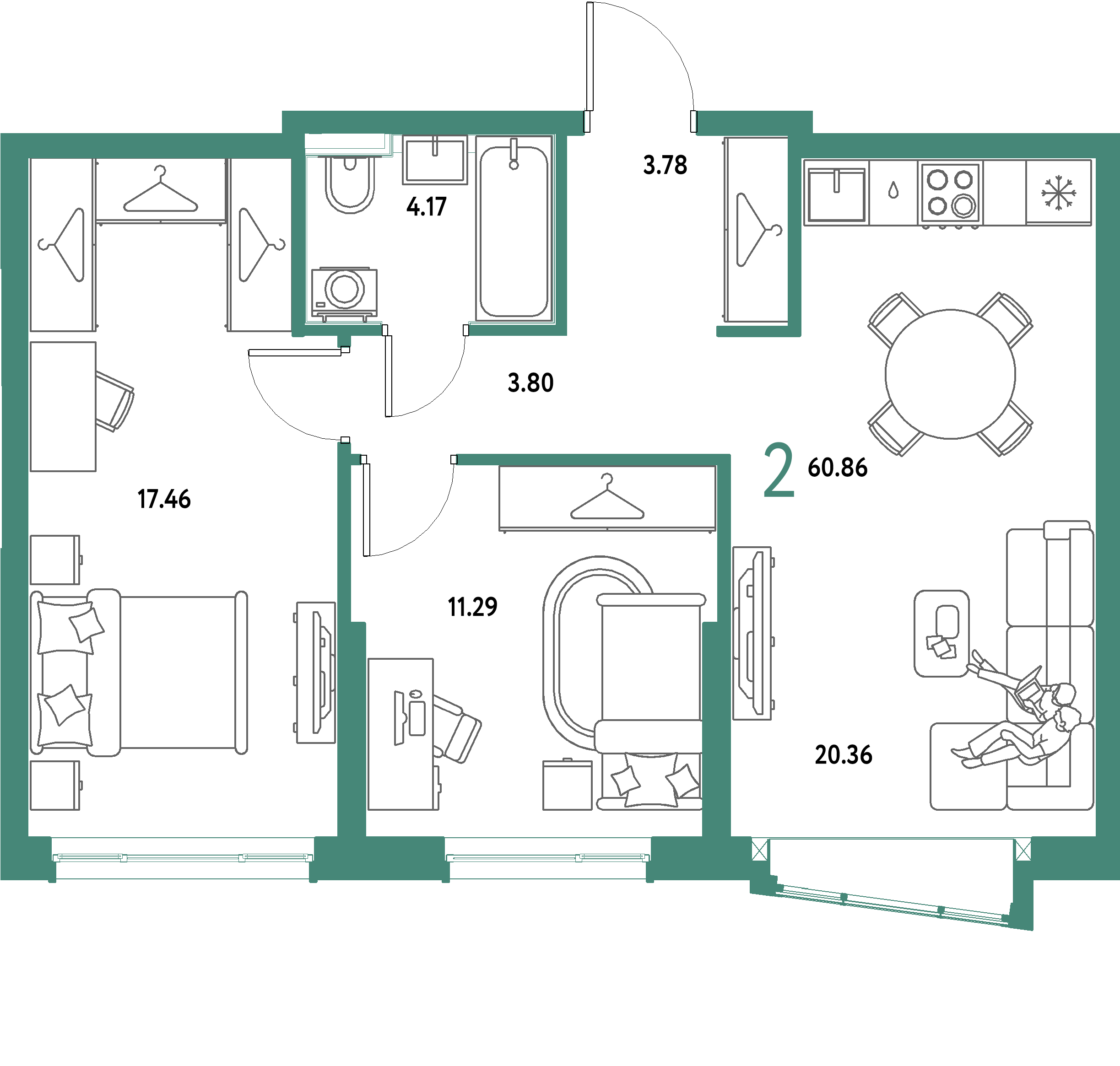 ЖК "Страна.Парковая"-2-комнатная 60.86 м²