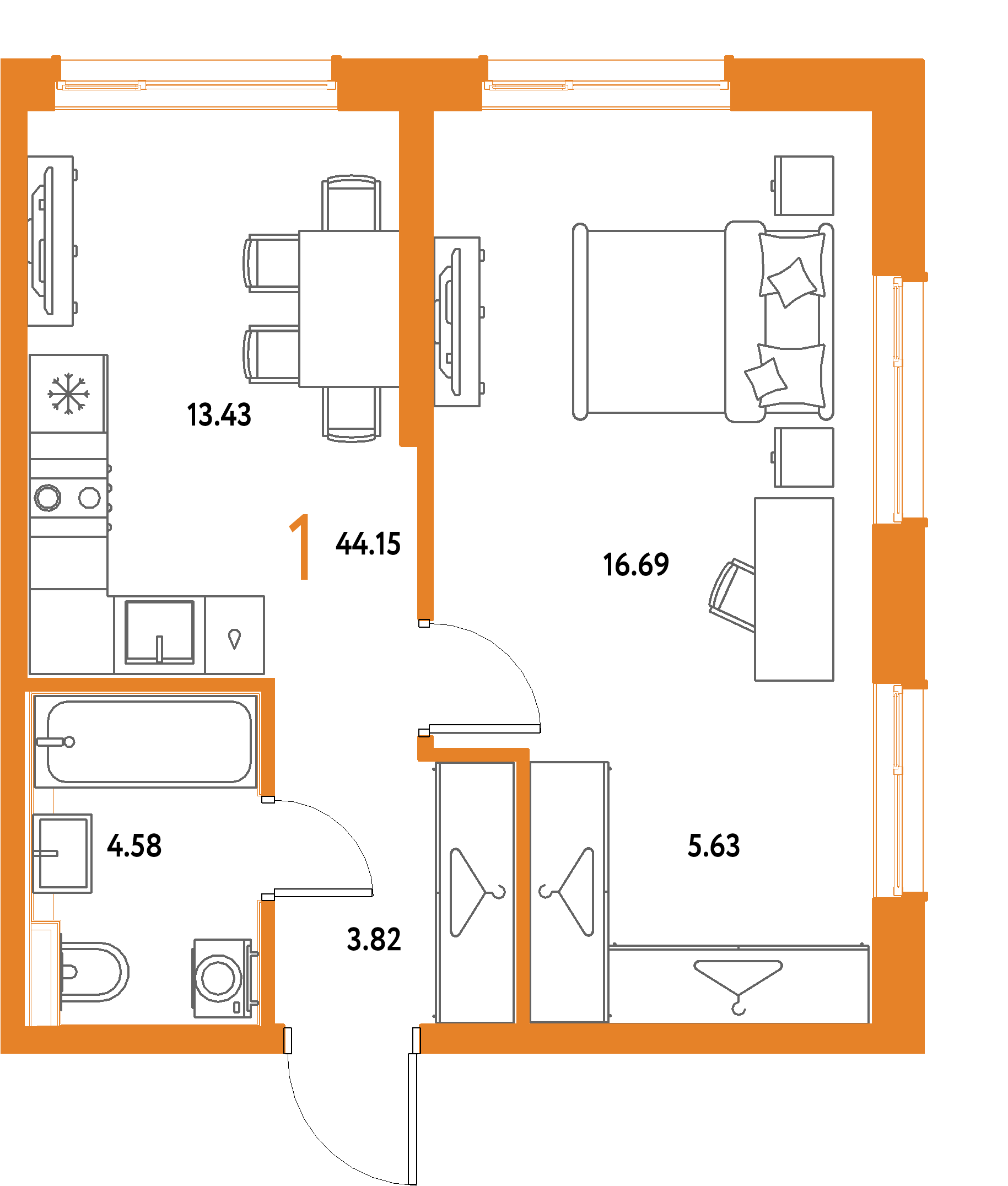 ЖК "Страна.Парковая"-1-комнатная 44.15 м²