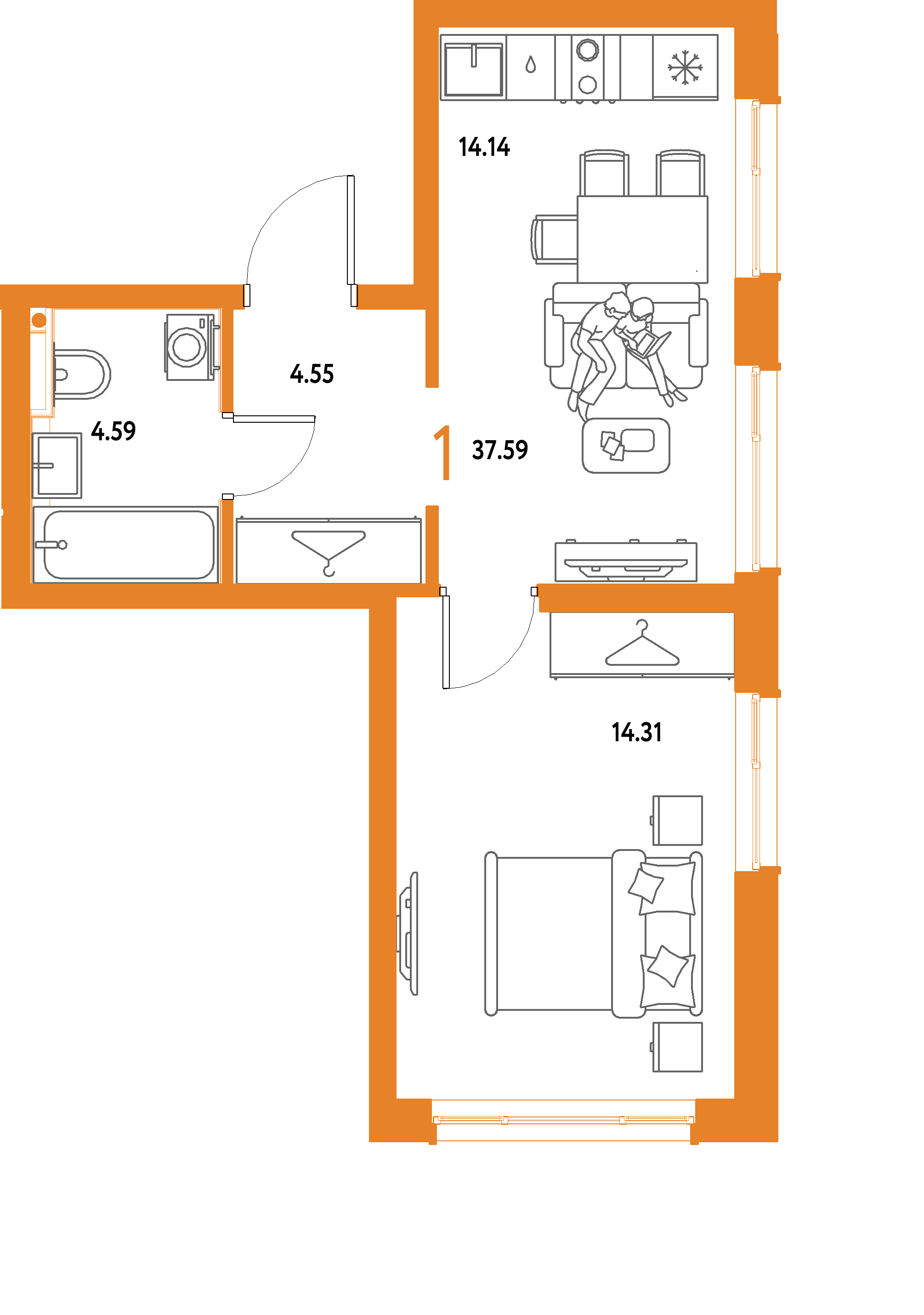 ЖК "Страна.Парковая"-1-комнатная 37.59 м²