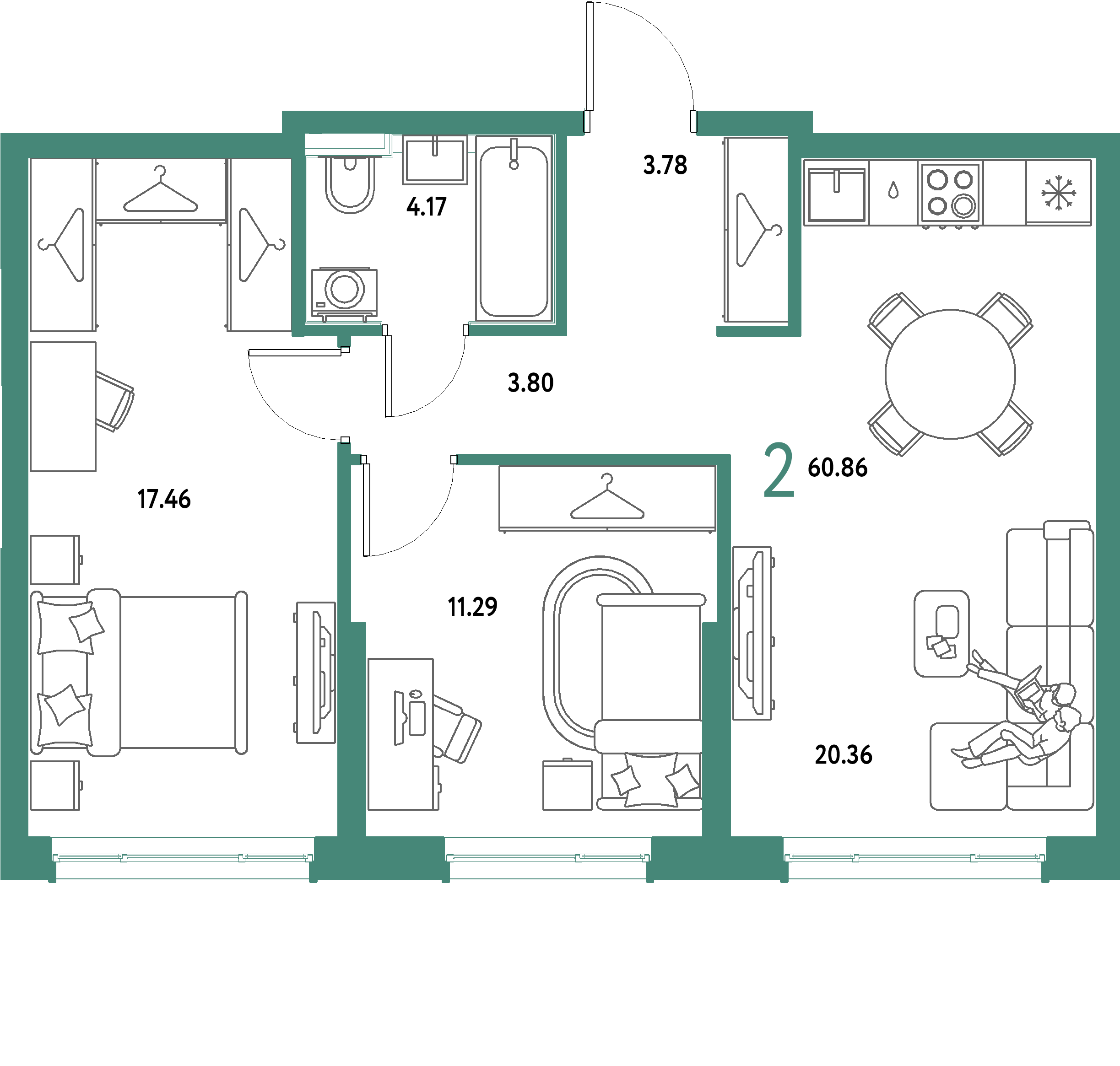 ЖК "Страна.Парковая"-2-комнатная 60.86 м²
