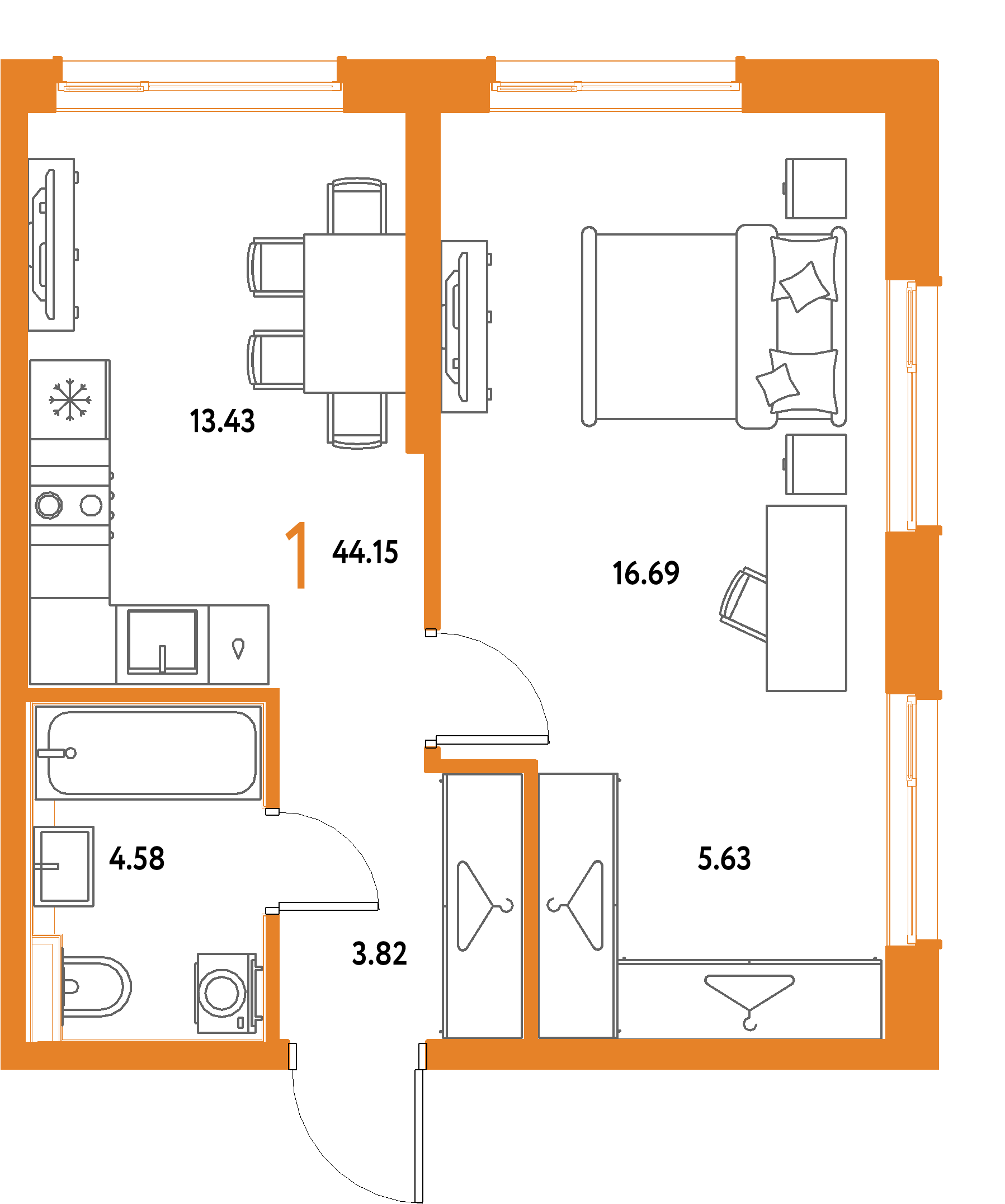 ЖК "Страна.Парковая"-1-комнатная 44.15 м²