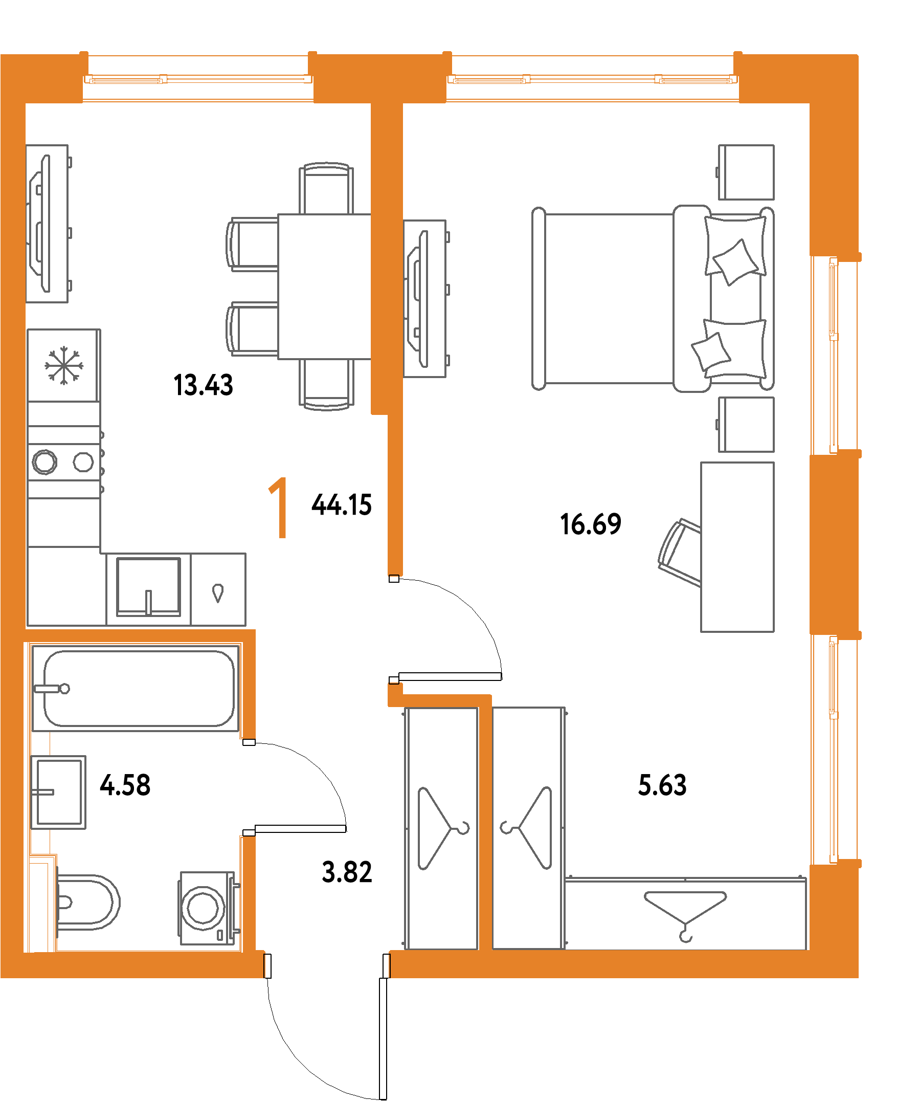 ЖК "Страна.Парковая"-1-комнатная 44.15 м²