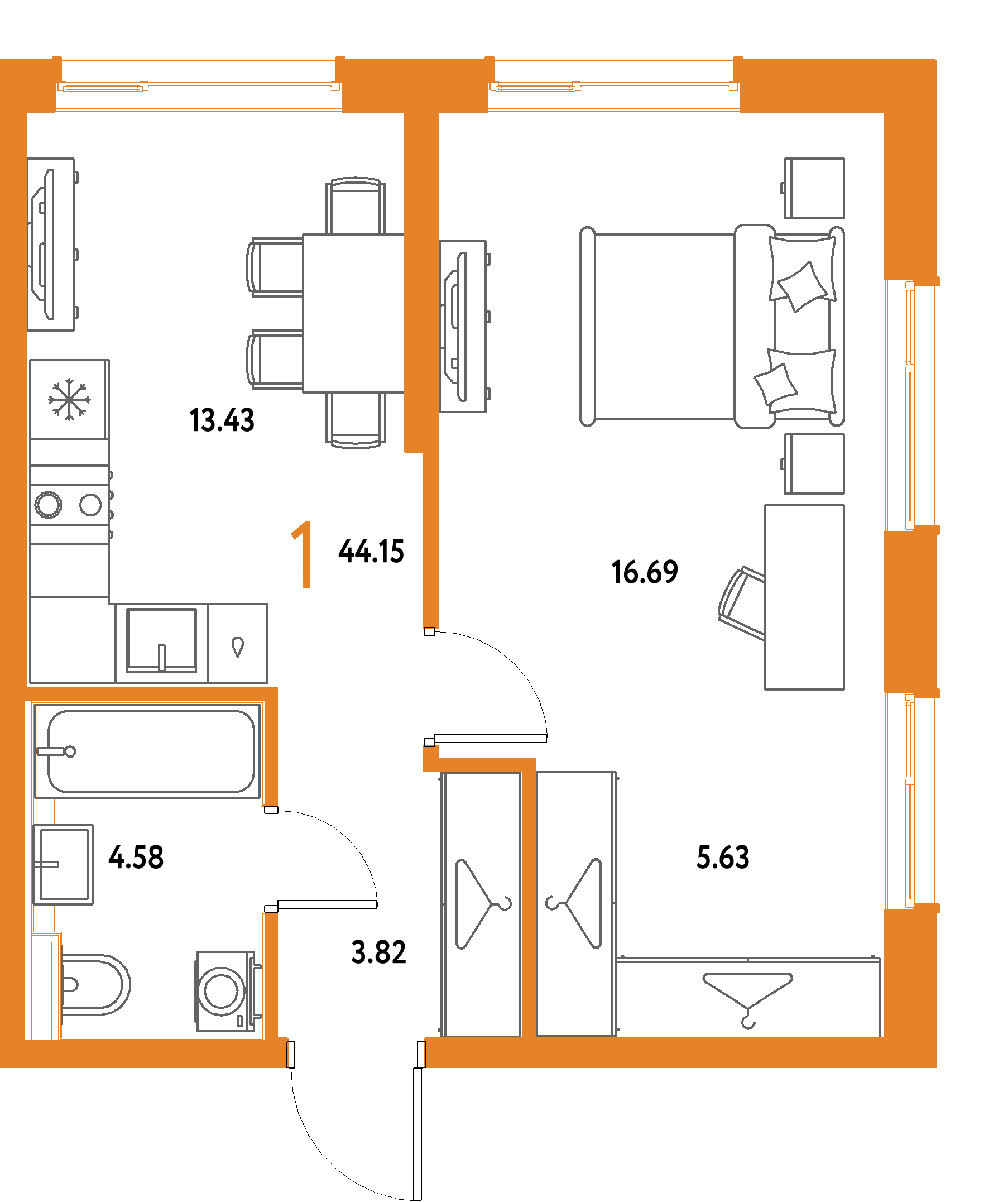 ЖК "Страна.Парковая"-1-комнатная 44.15 м²