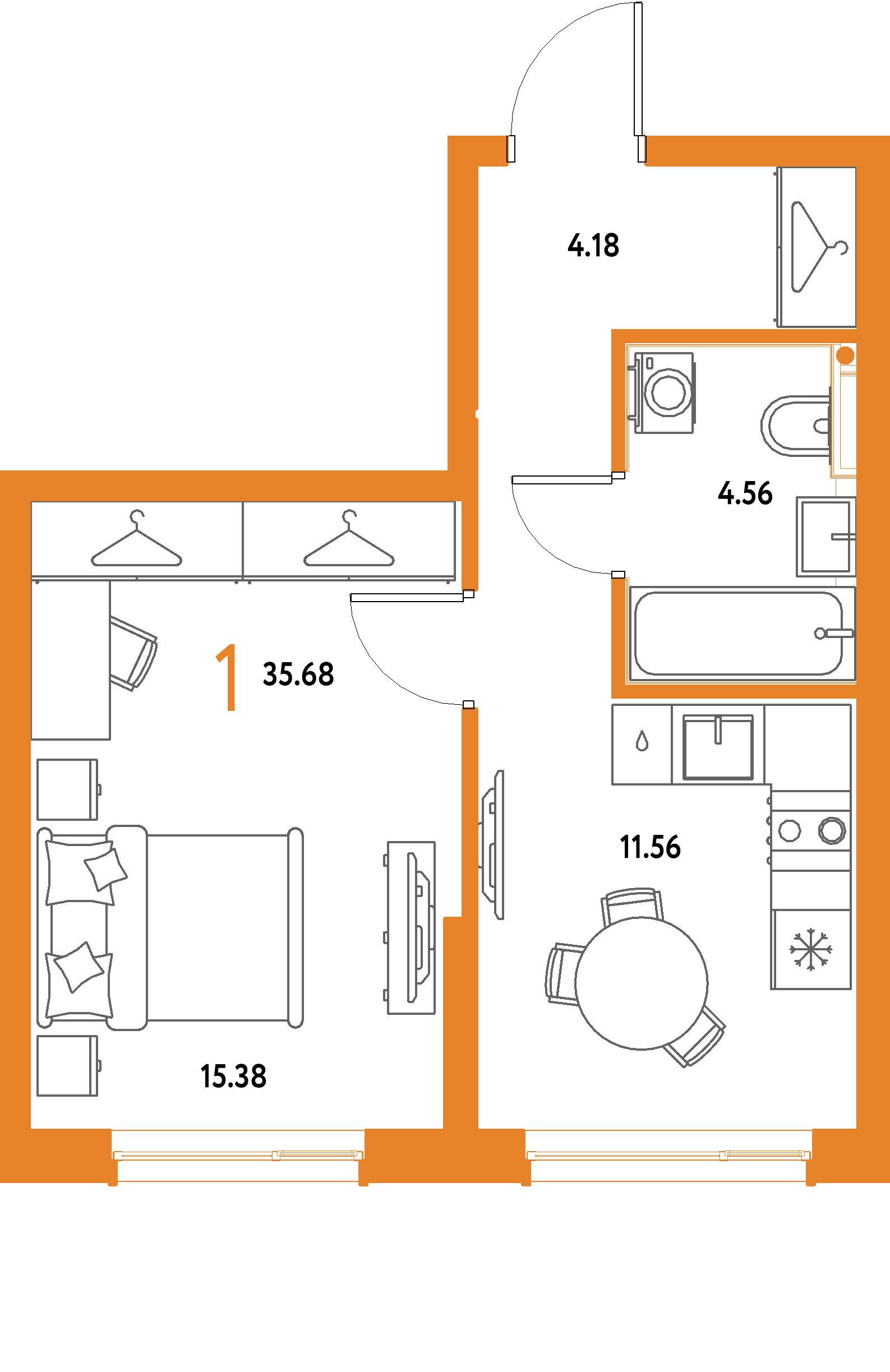 ЖК "Страна.Парковая"-1-комнатная 35.68 м²