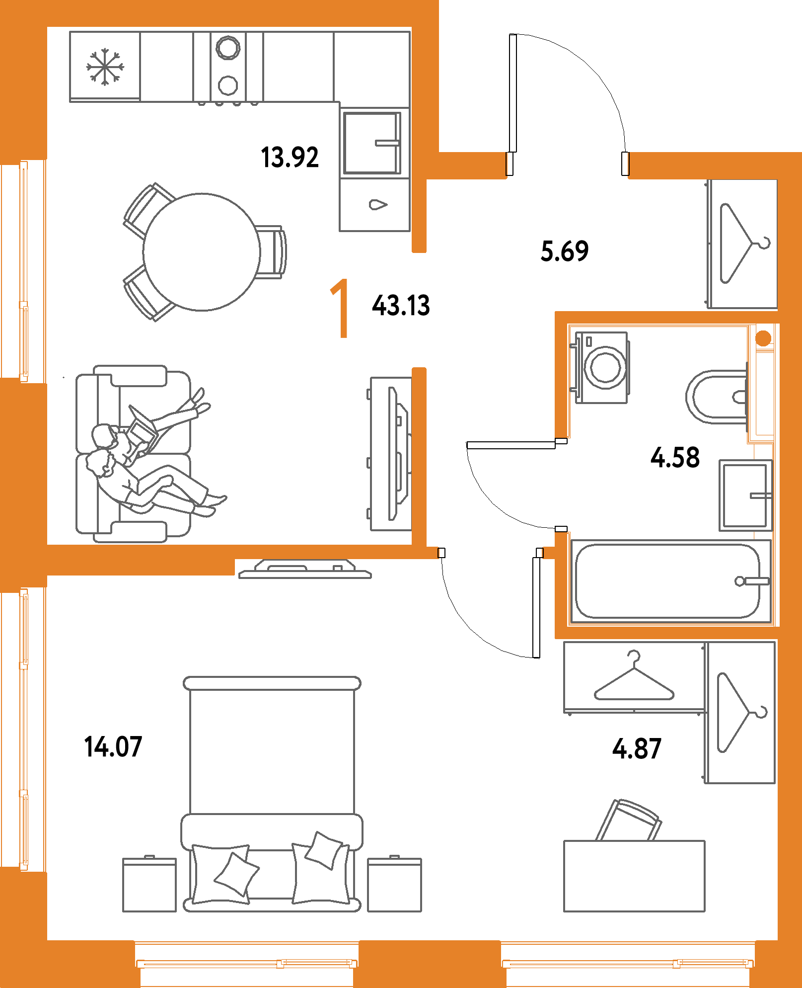 ЖК "Страна.Парковая"-1-комнатная 43.13 м²