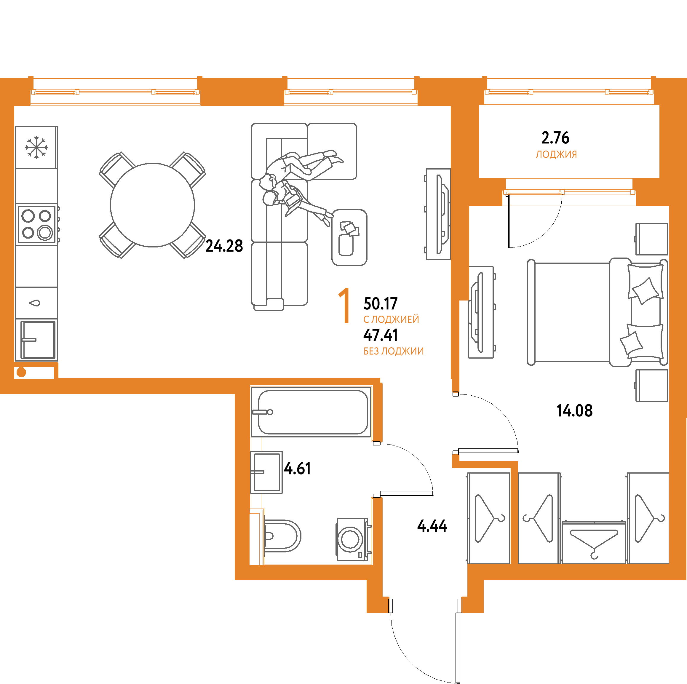 ЖК "Страна.Парковая"-1-комнатная 50.17 м²