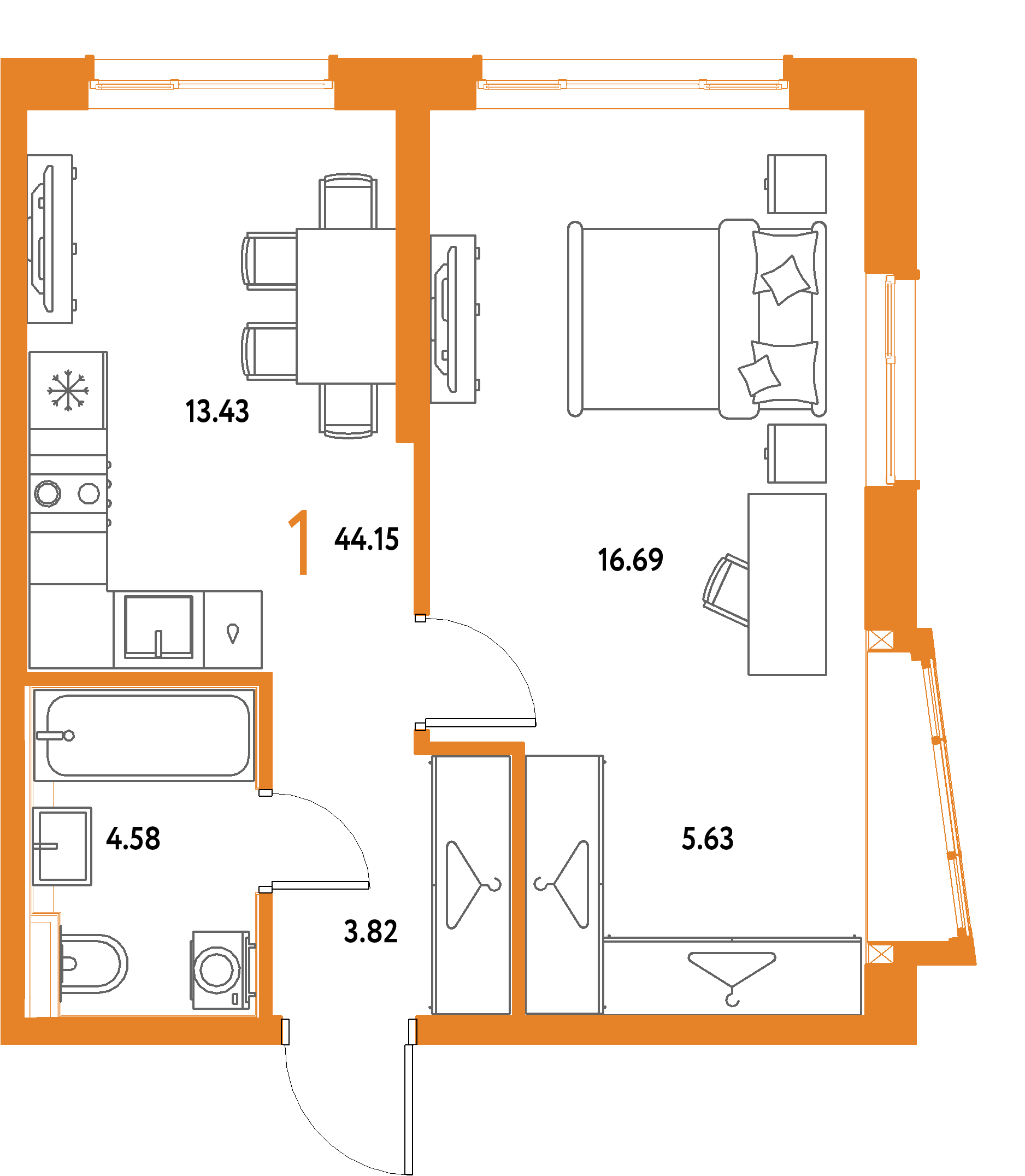 ЖК "Страна.Парковая"-1-комнатная 44.15 м²
