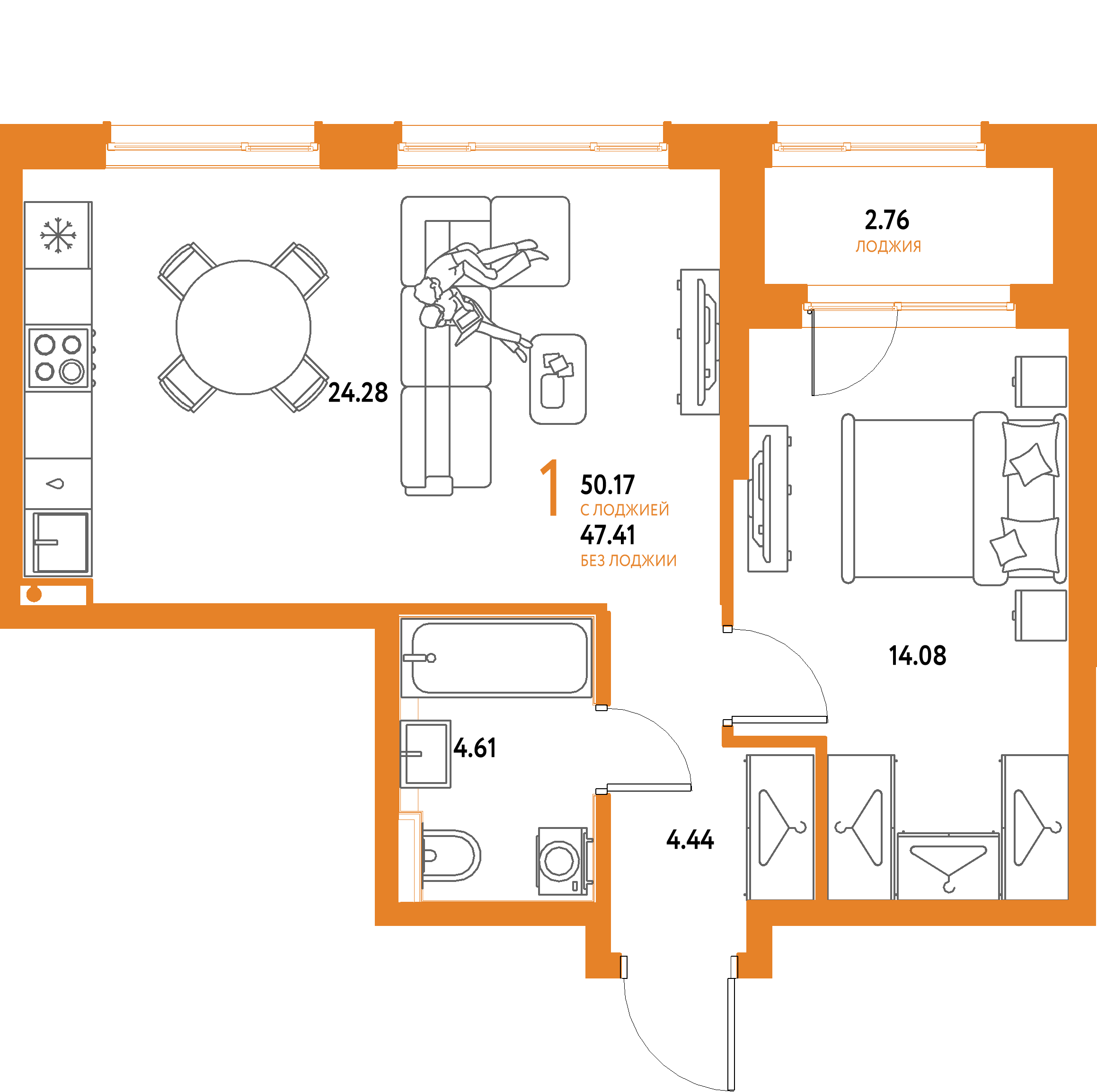 ЖК "Страна.Парковая"-1-комнатная 50.17 м²