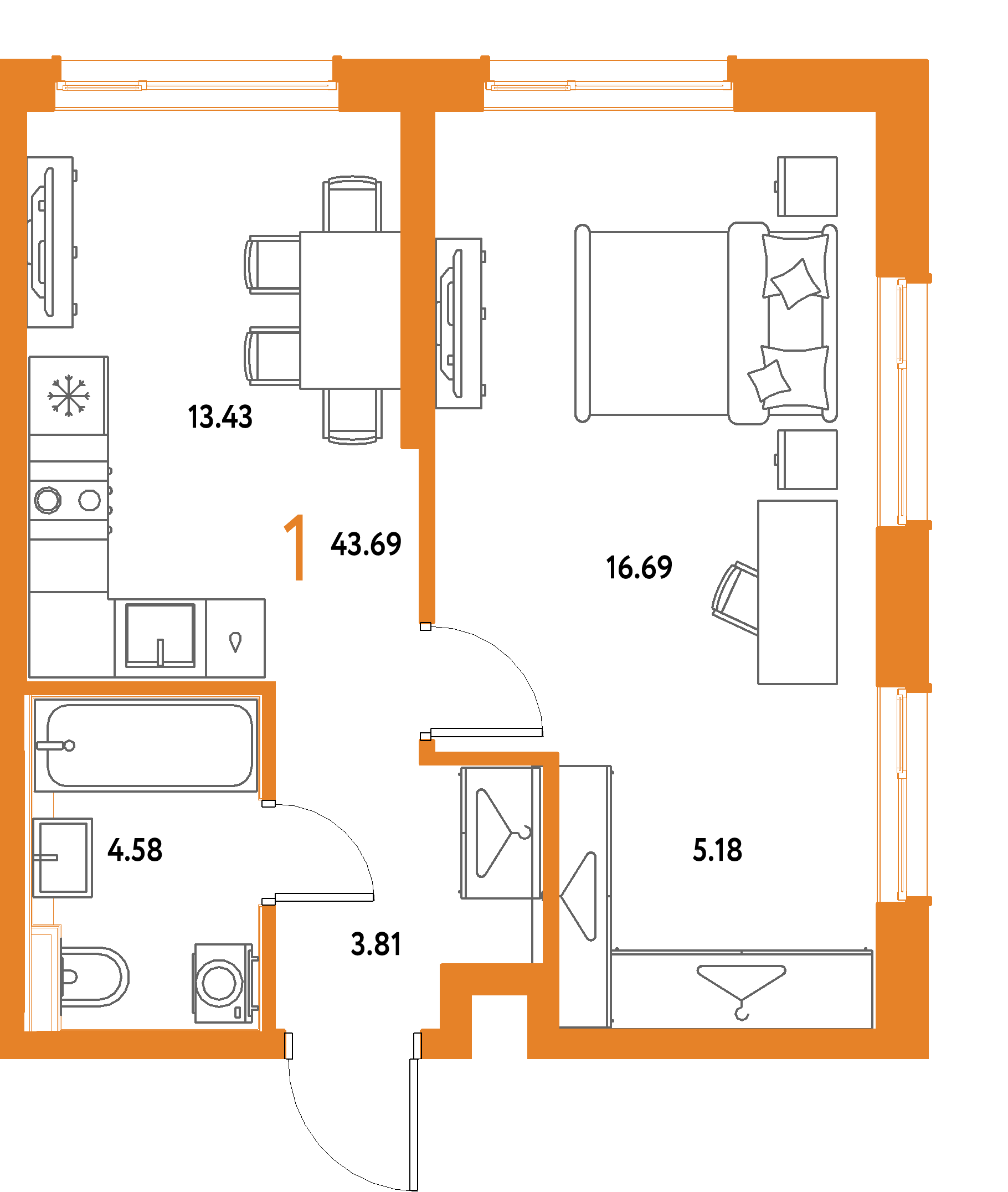 ЖК "Страна.Парковая"-1-комнатная 43.69 м²