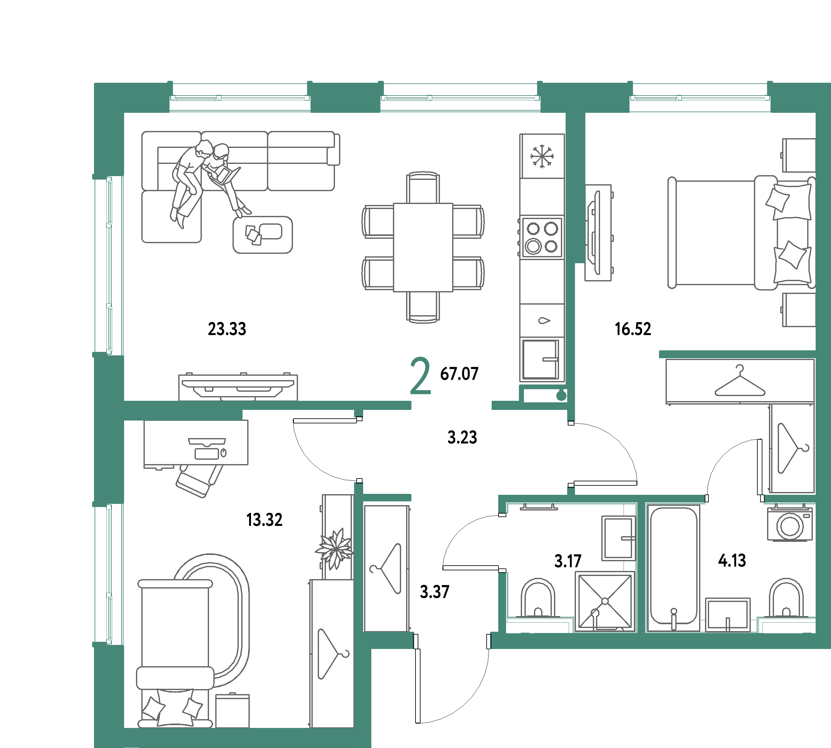 ЖК "Страна.Парковая"-2-комнатная 67.07 м²