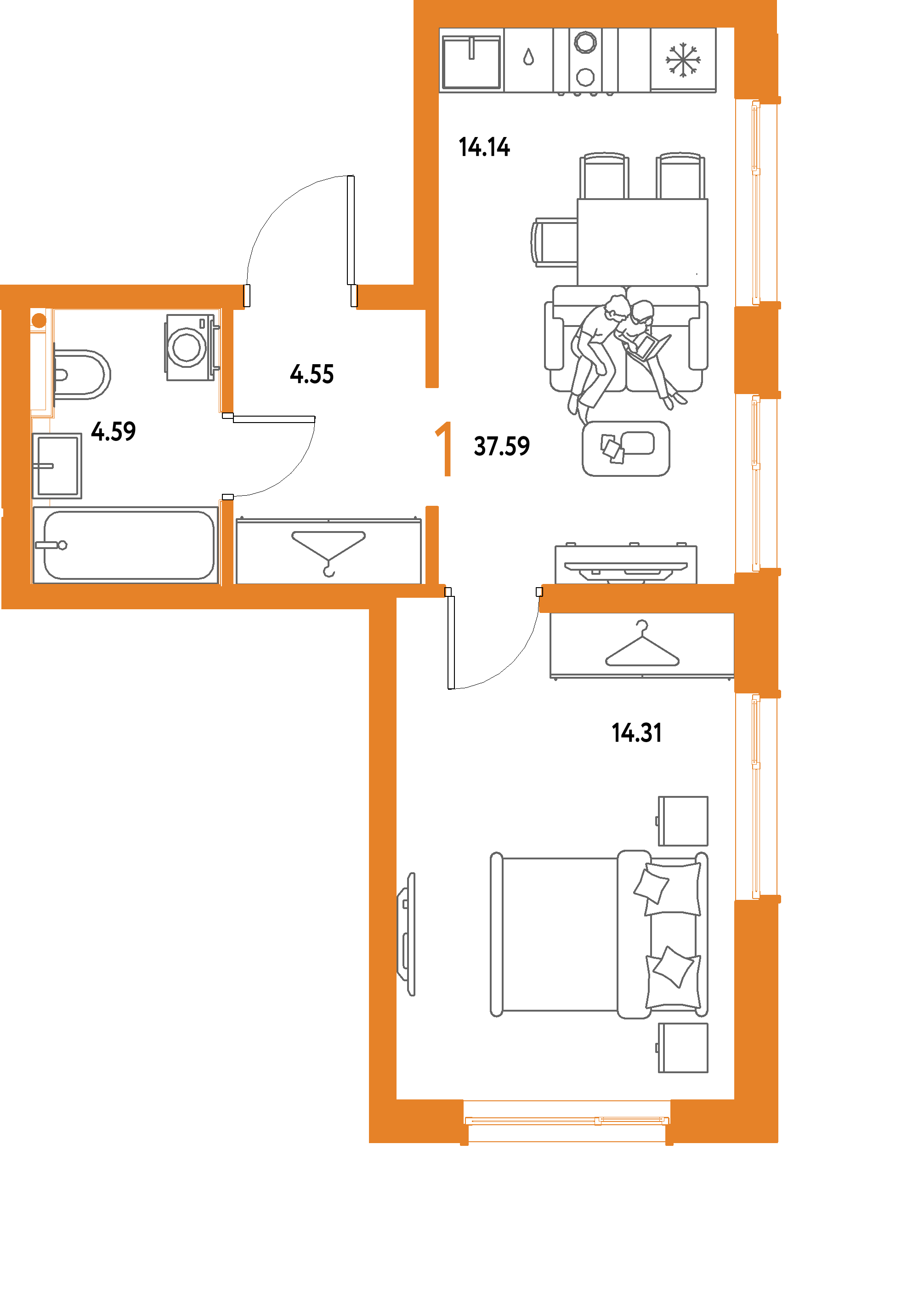 ЖК "Страна.Парковая"-1-комнатная 37.59 м²