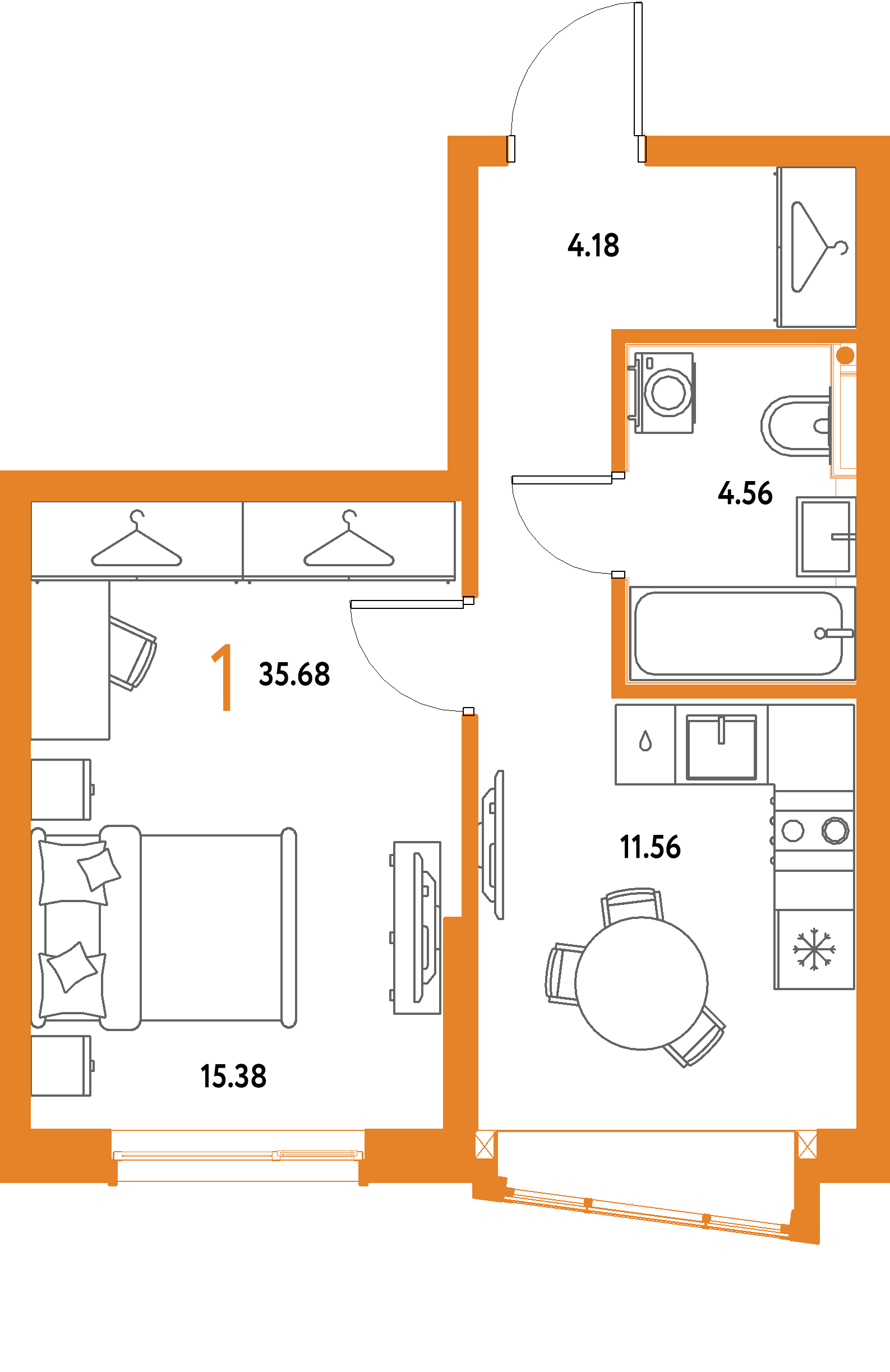 ЖК "Страна.Парковая"-1-комнатная 35.68 м²