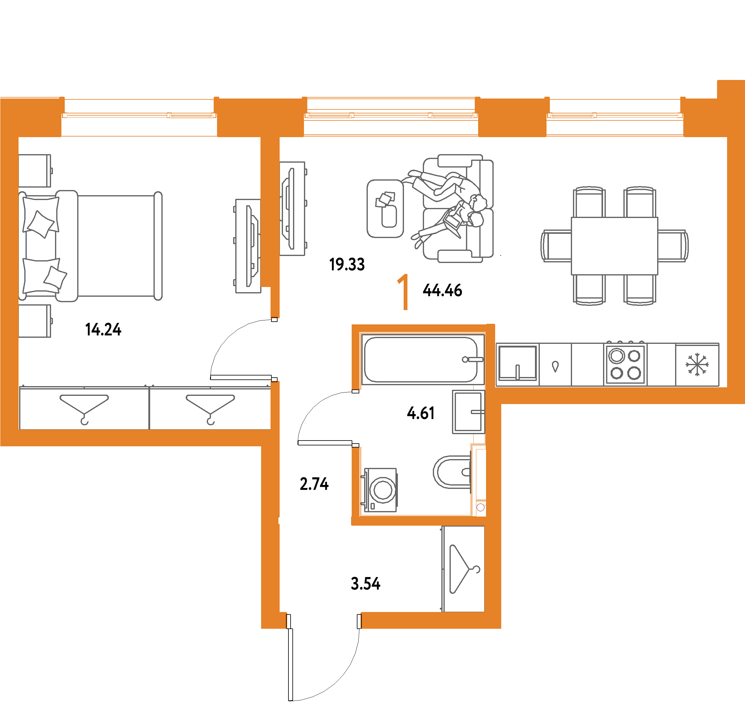 ЖК "Страна.Парковая"-1-комнатная 44.46 м²