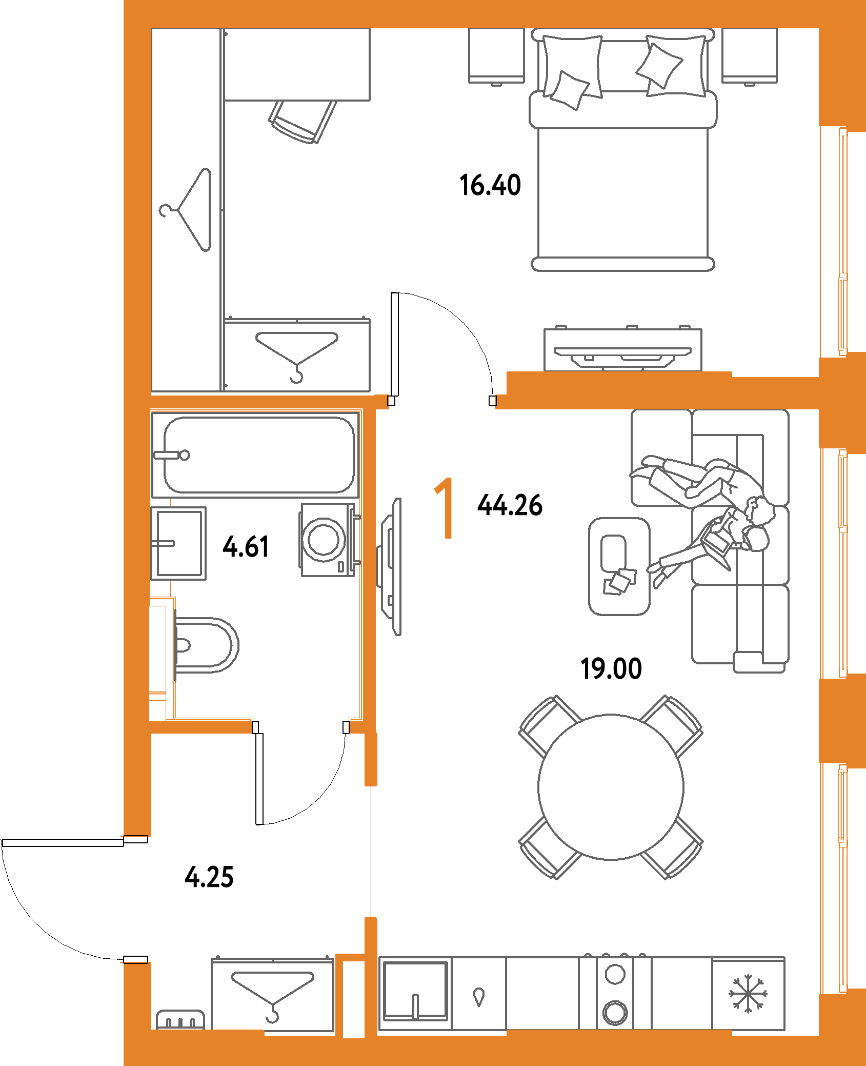 ЖК "Страна.Парковая"-1-комнатная 44.26 м²