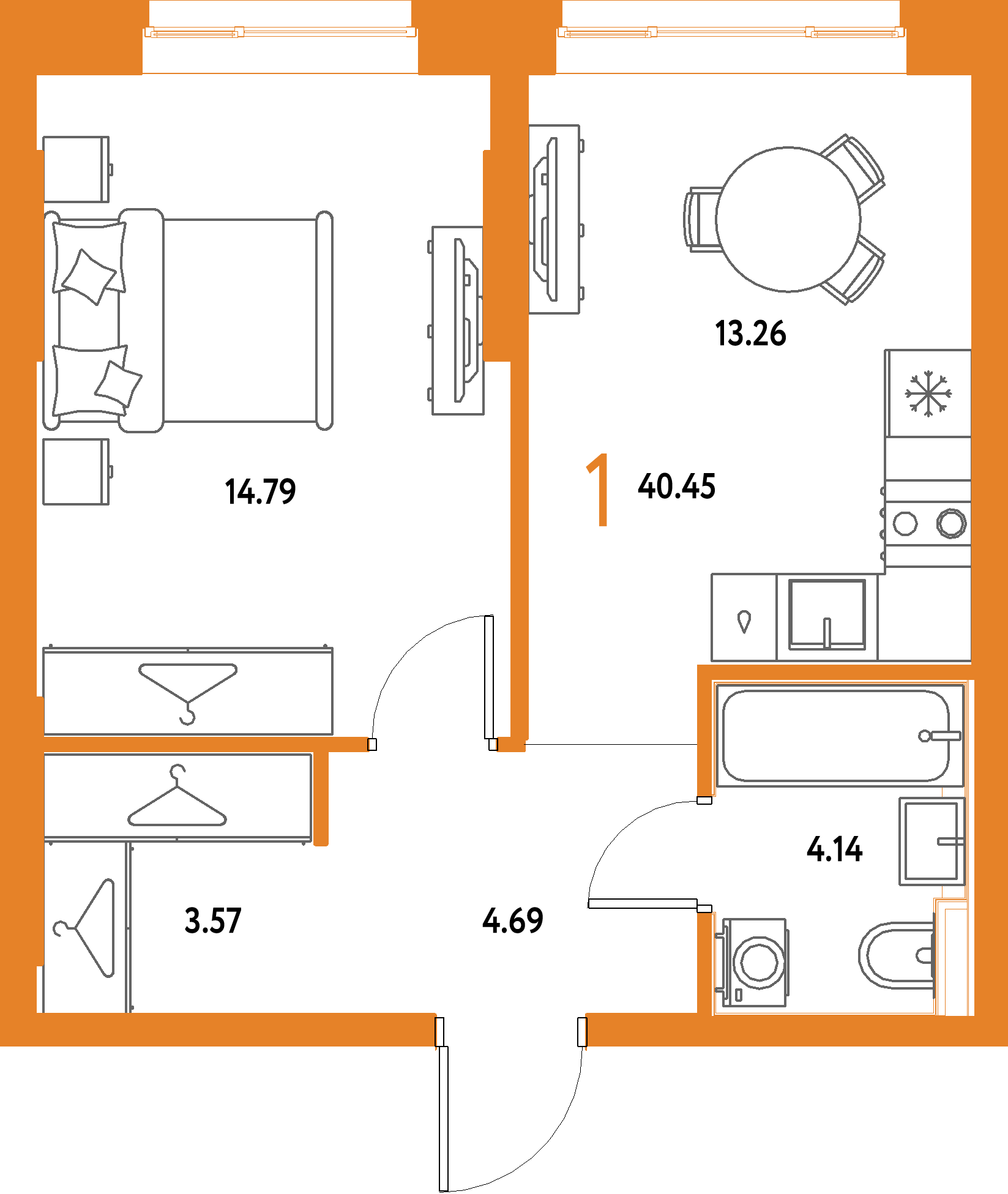 ЖК "Страна.Парковая"-1-комнатная 40.45 м²