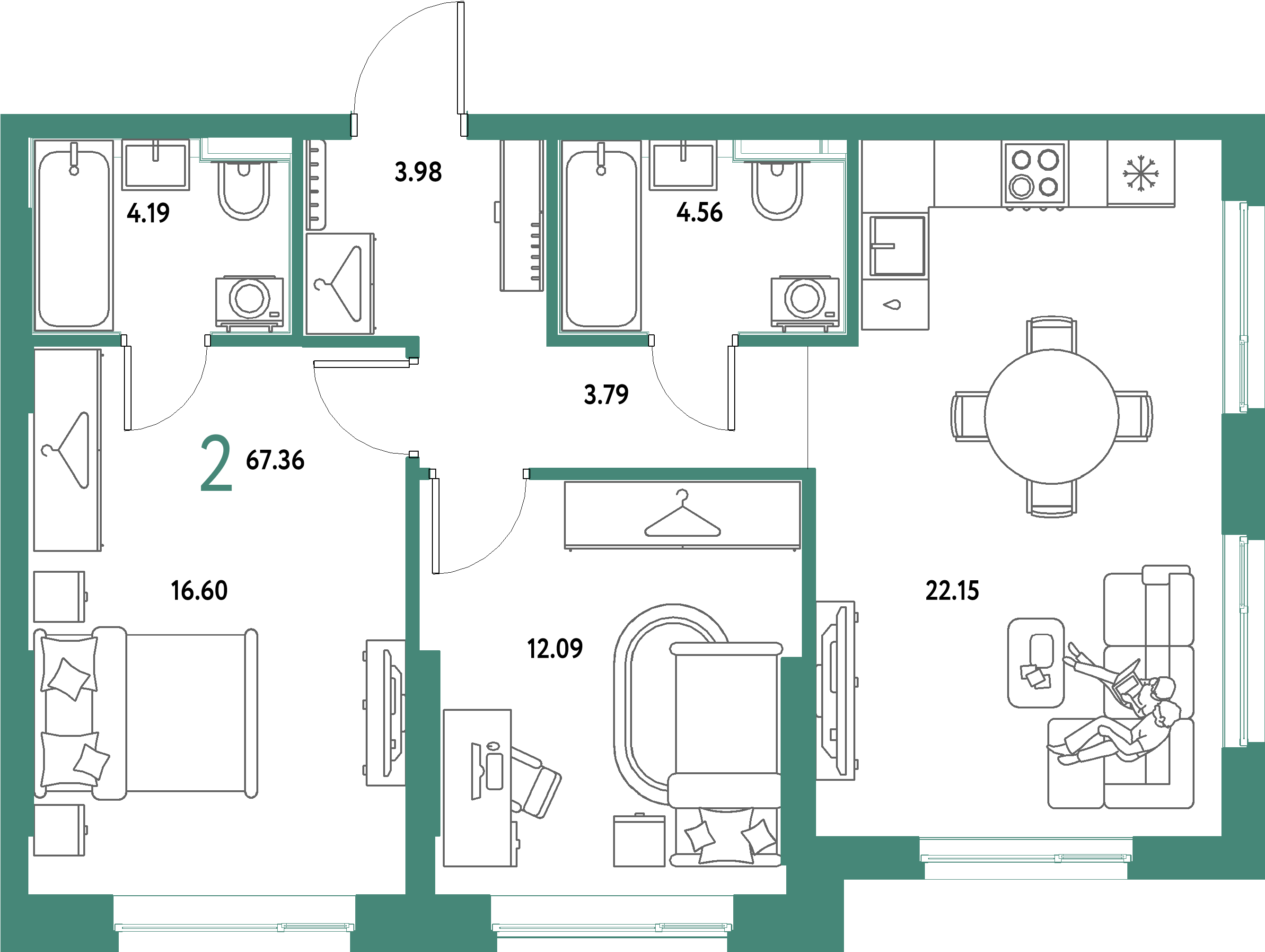 ЖК "Страна.Парковая"-2-комнатная 67.36 м²