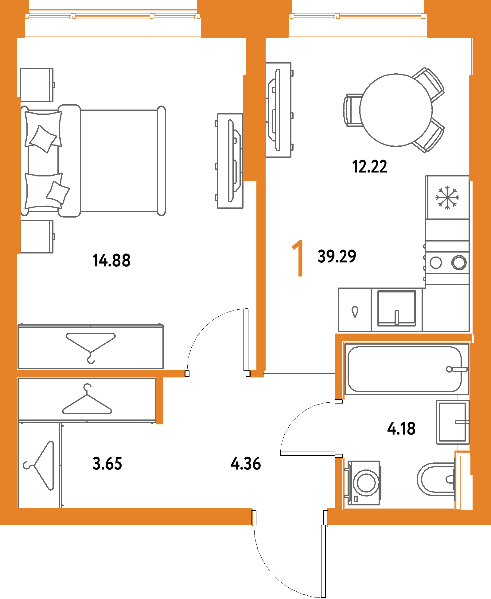 ЖК "Страна.Парковая"-1-комнатная 39.29 м²