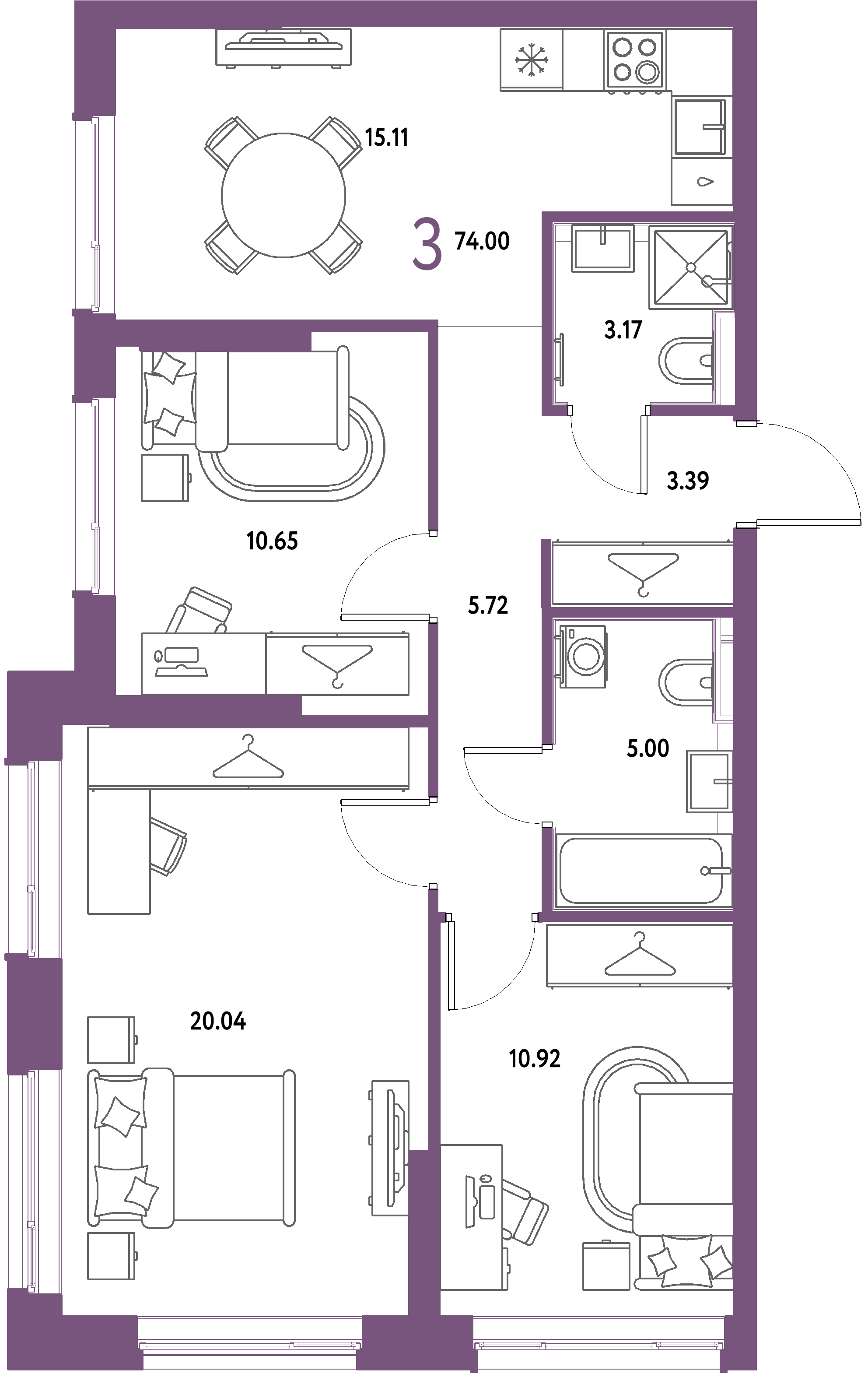 ЖК "Страна.Парковая"-3-комнатная 74 м²