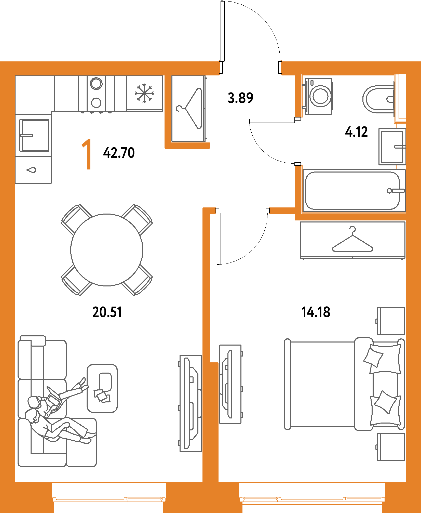 ЖК "Страна.Парковая"-1-комнатная 42.7 м²