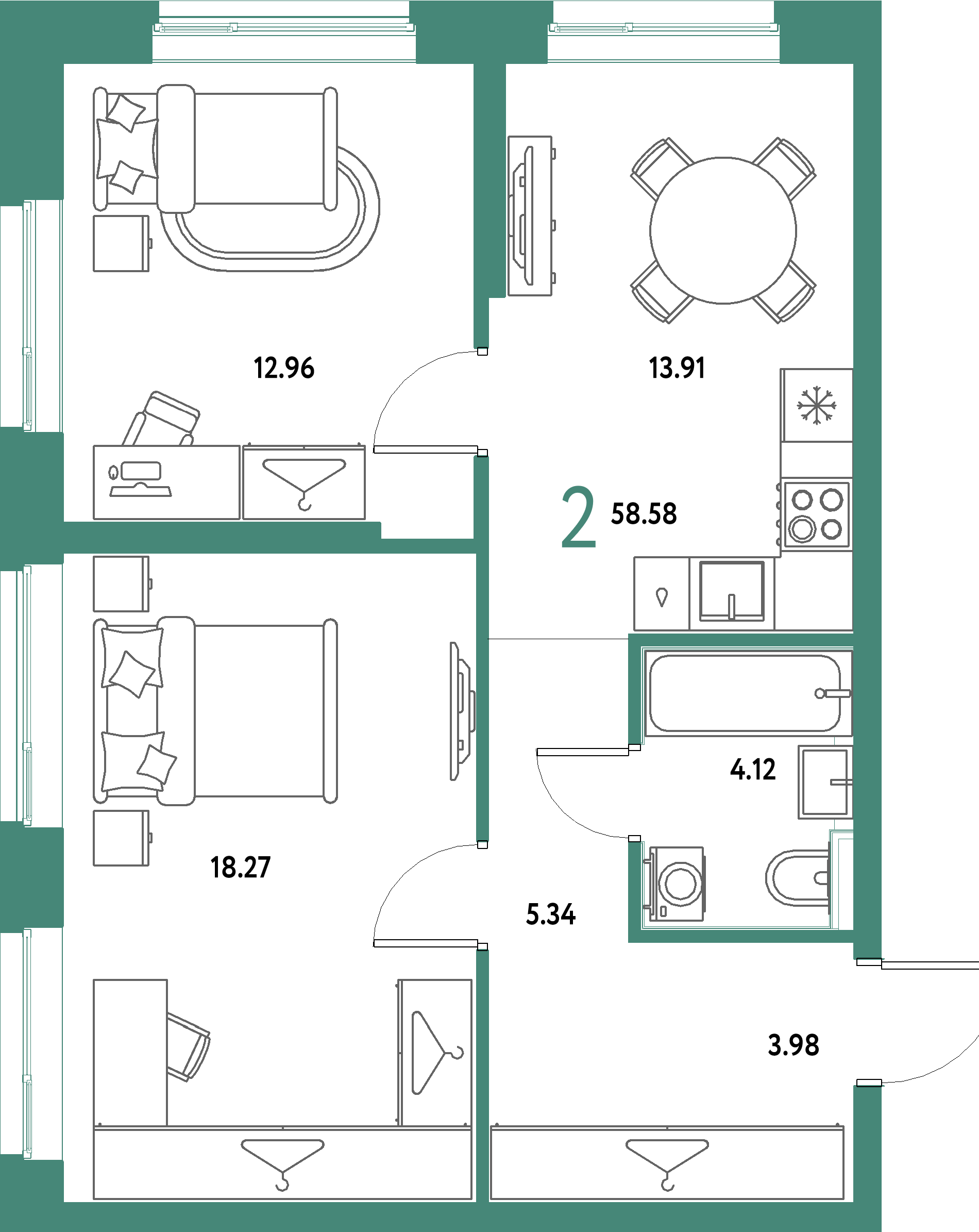 ЖК "Страна.Парковая"-2-комнатная 58.58 м²