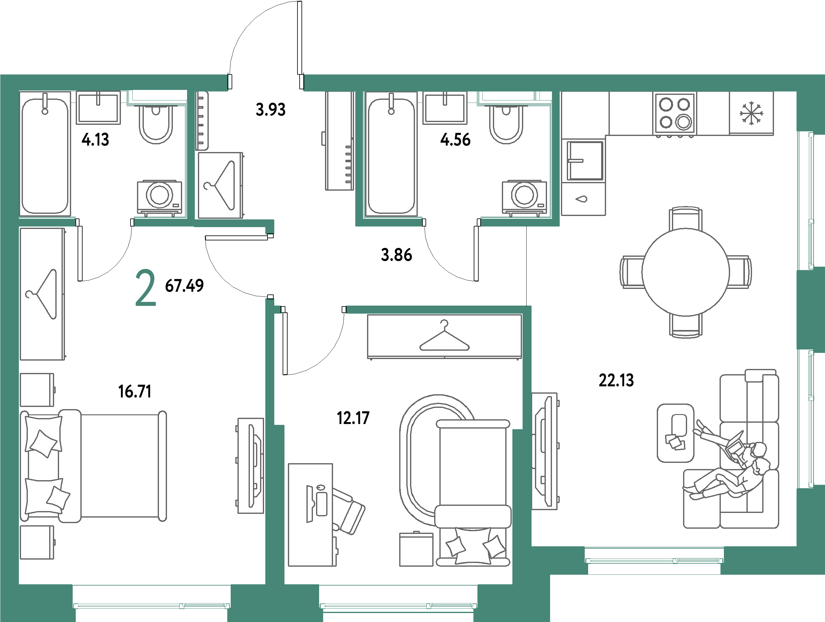 ЖК "Страна.Парковая"-2-комнатная 67.49 м²