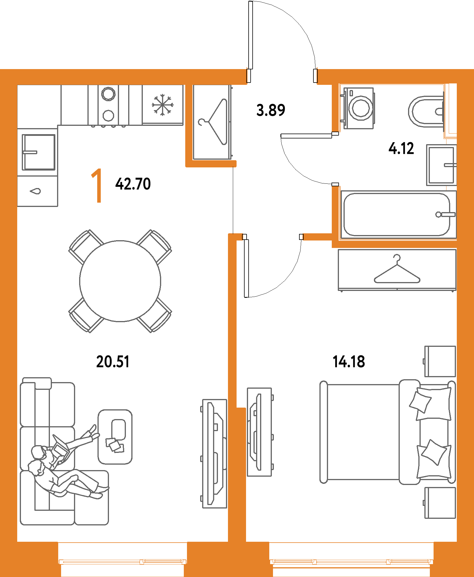 ЖК "Страна.Парковая"-1-комнатная 42.7 м²