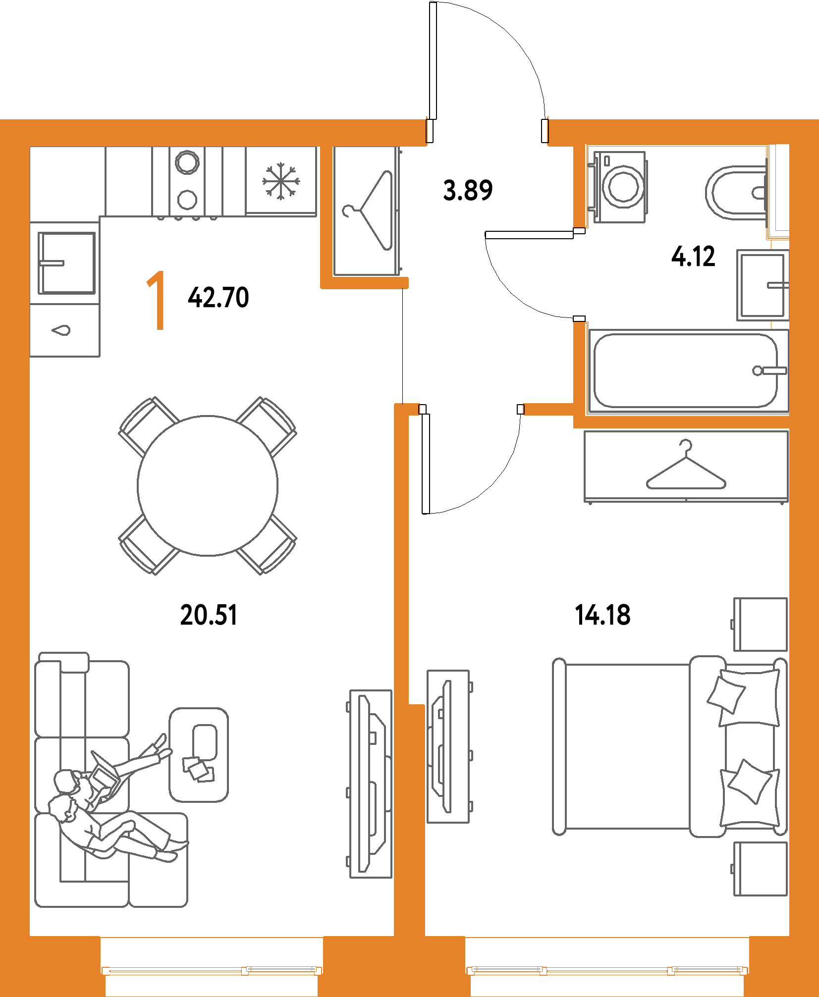 ЖК "Страна.Парковая"-1-комнатная 42.7 м²
