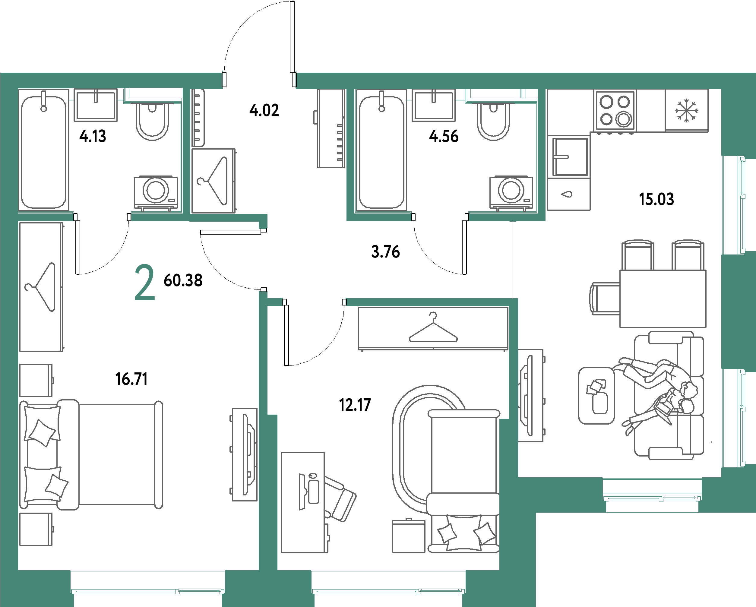 ЖК "Страна.Парковая"-2-комнатная 60.38 м²