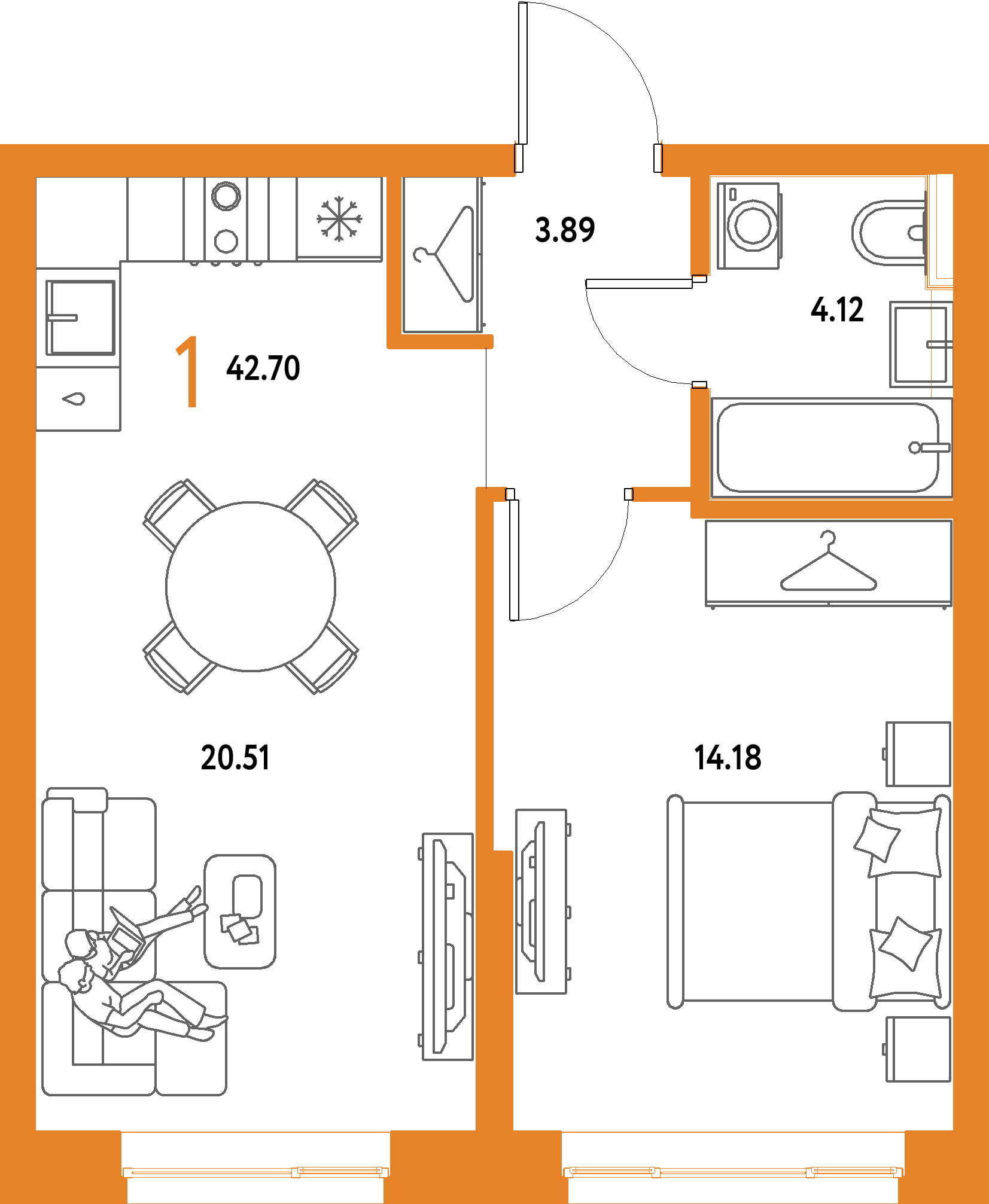 ЖК "Страна.Парковая"-1-комнатная 42.7 м²