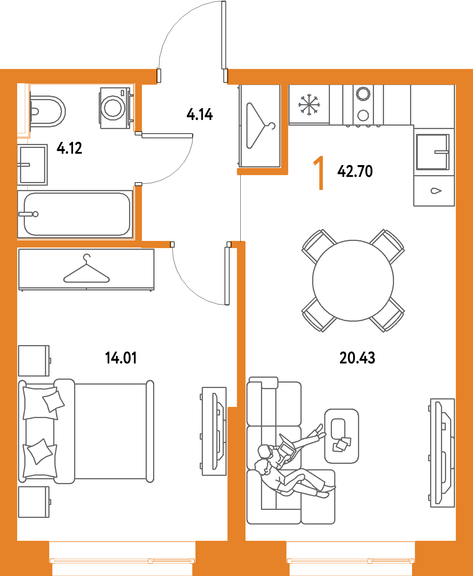 ЖК "Страна.Парковая"-1-комнатная 42.7 м²