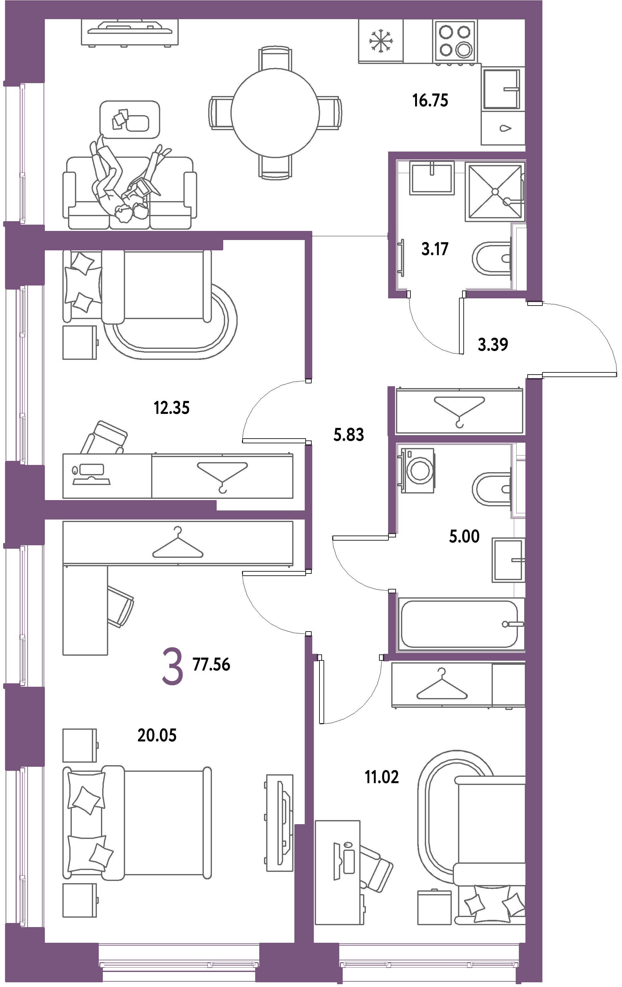 ЖК "Страна.Парковая"-3-комнатная 77.56 м²