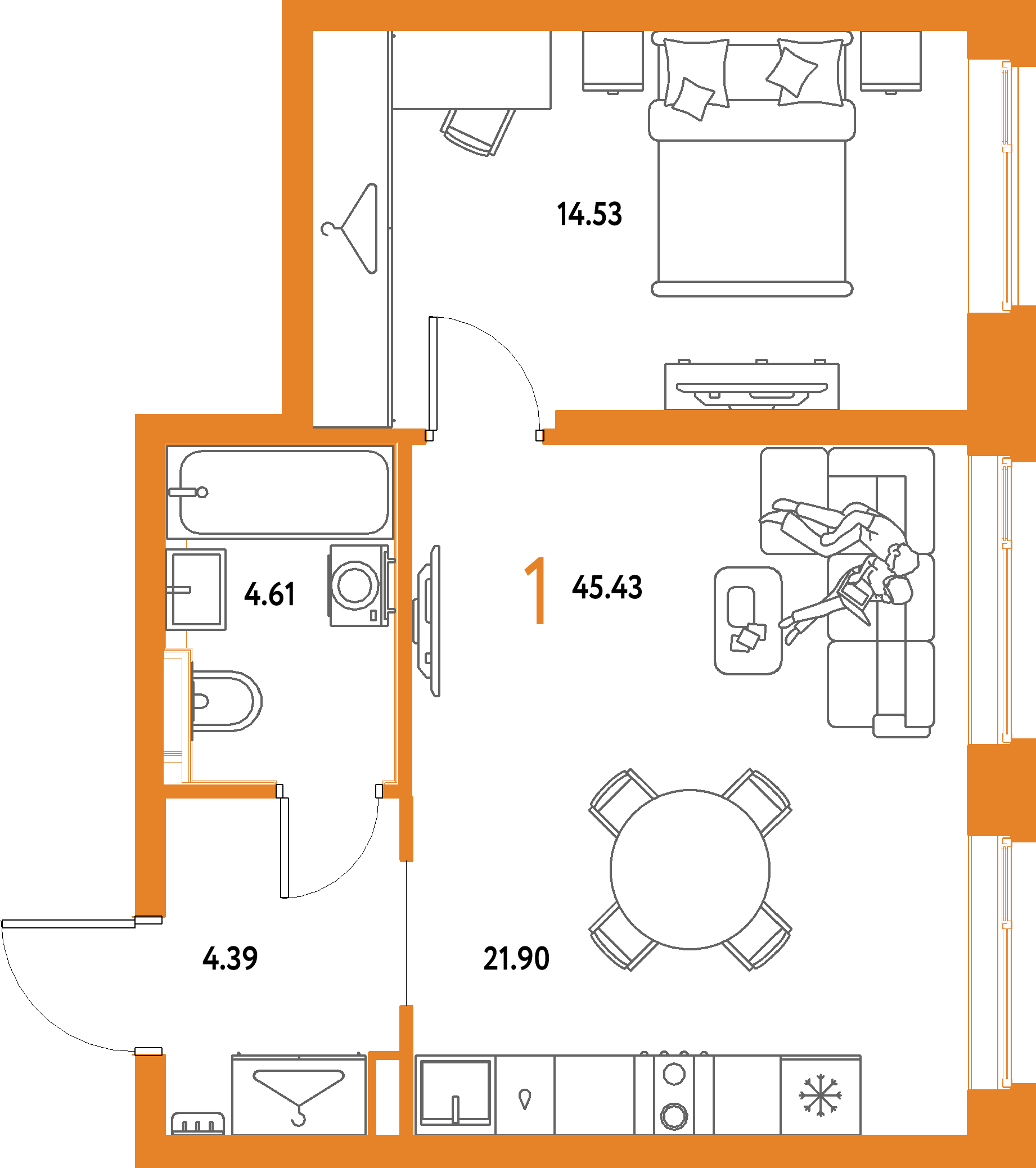 ЖК "Страна.Парковая"-1-комнатная 45.43 м²
