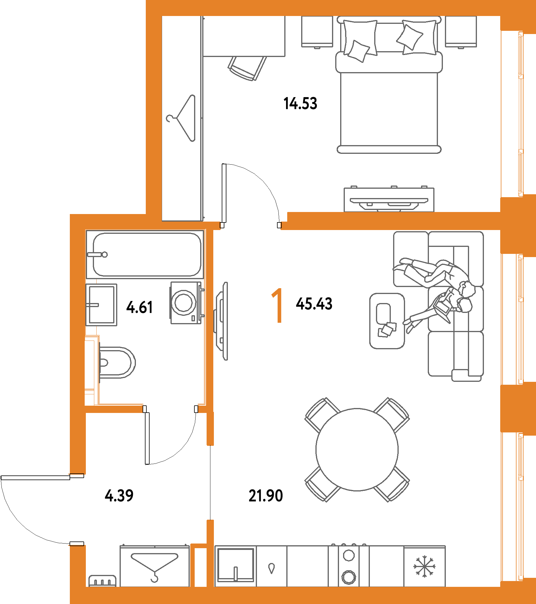 ЖК "Страна.Парковая"-1-комнатная 45.43 м²