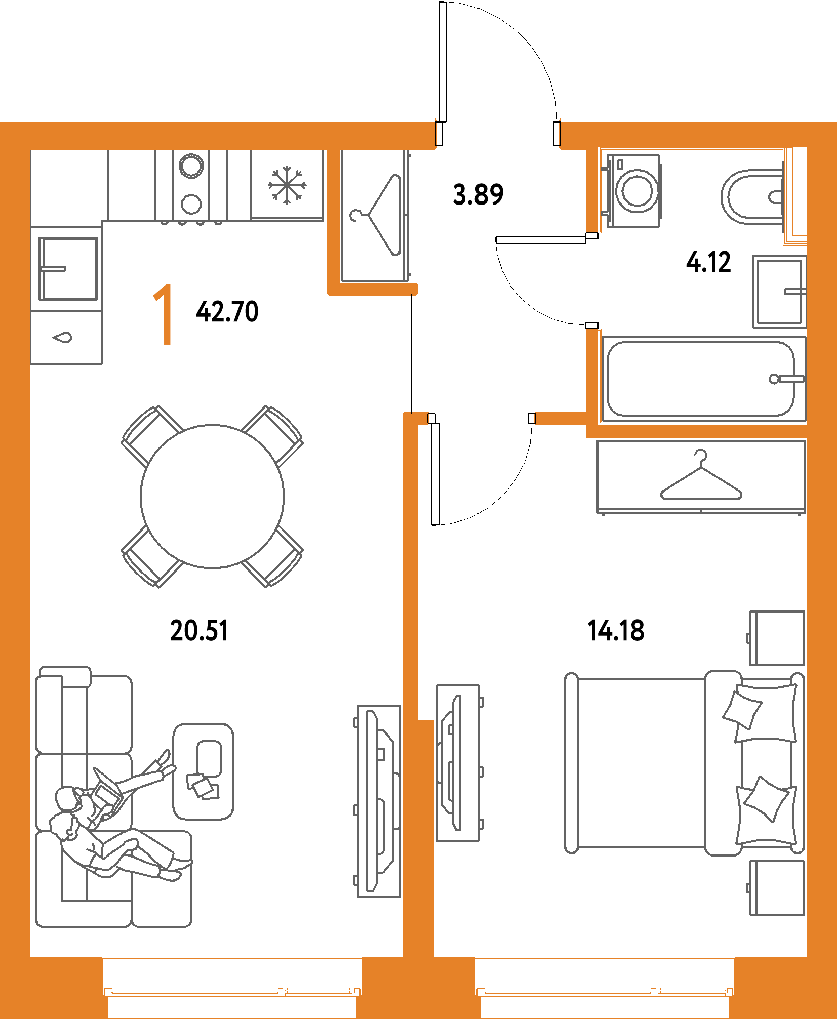 ЖК "Страна.Парковая"-1-комнатная 42.7 м²