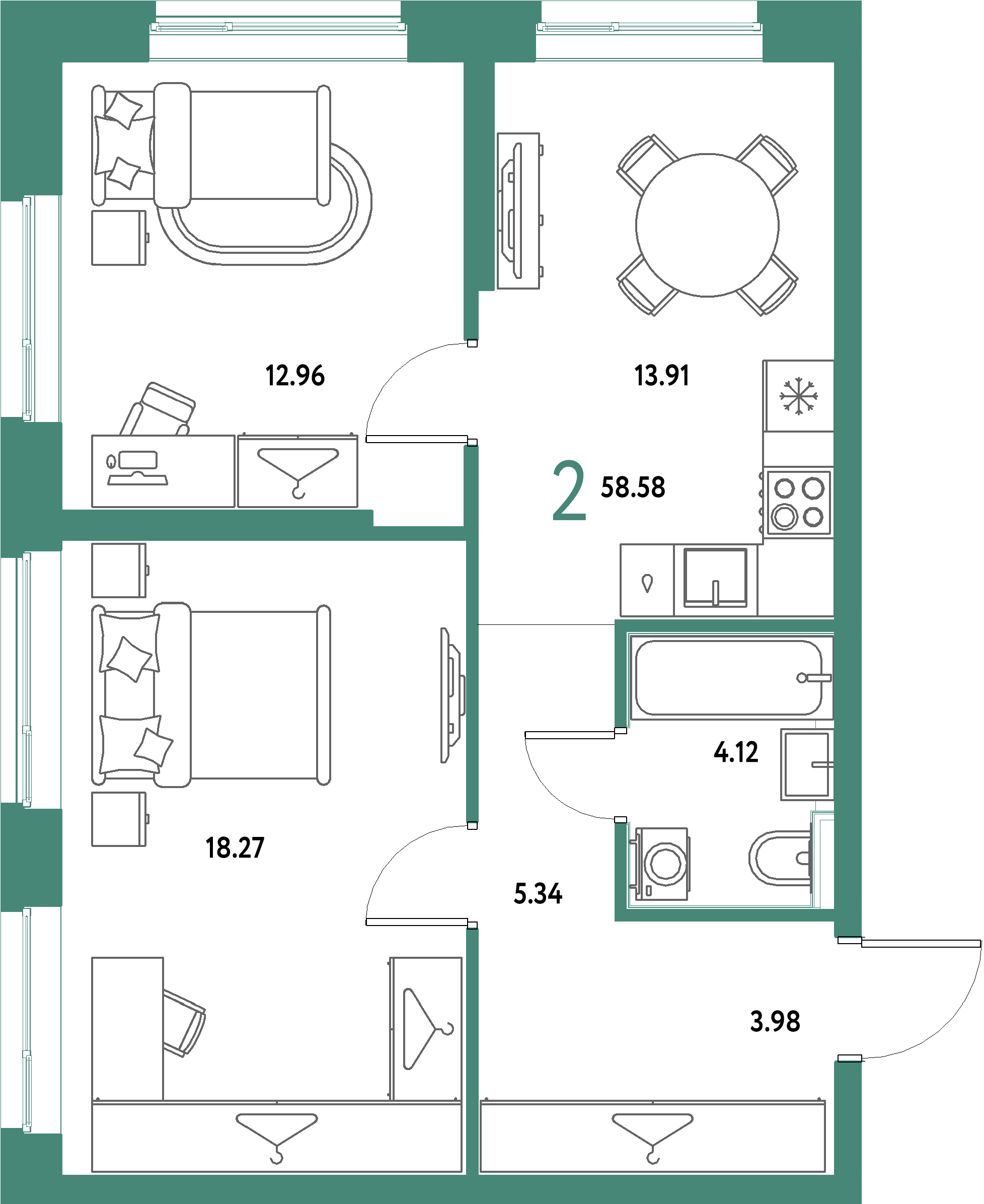 ЖК "Страна.Парковая"-2-комнатная 58.58 м²