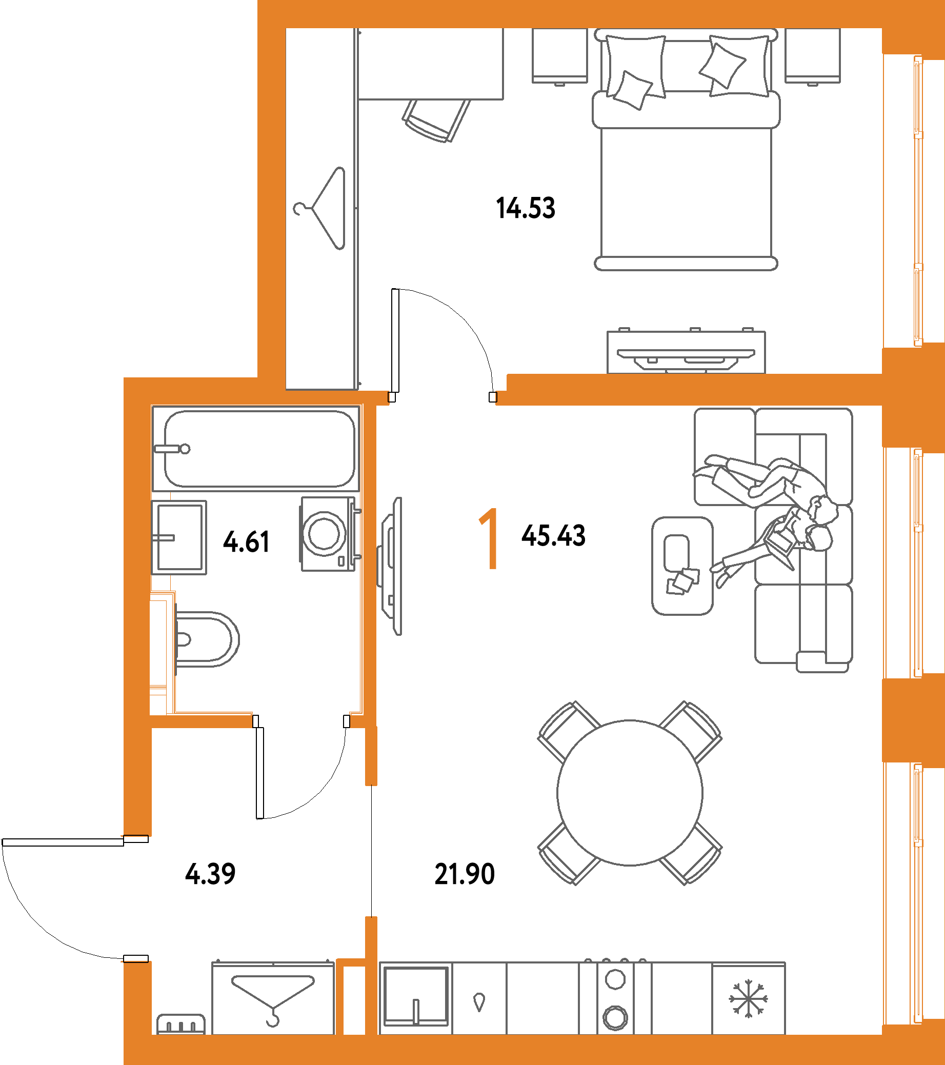 ЖК "Страна.Парковая"-1-комнатная 45.43 м²
