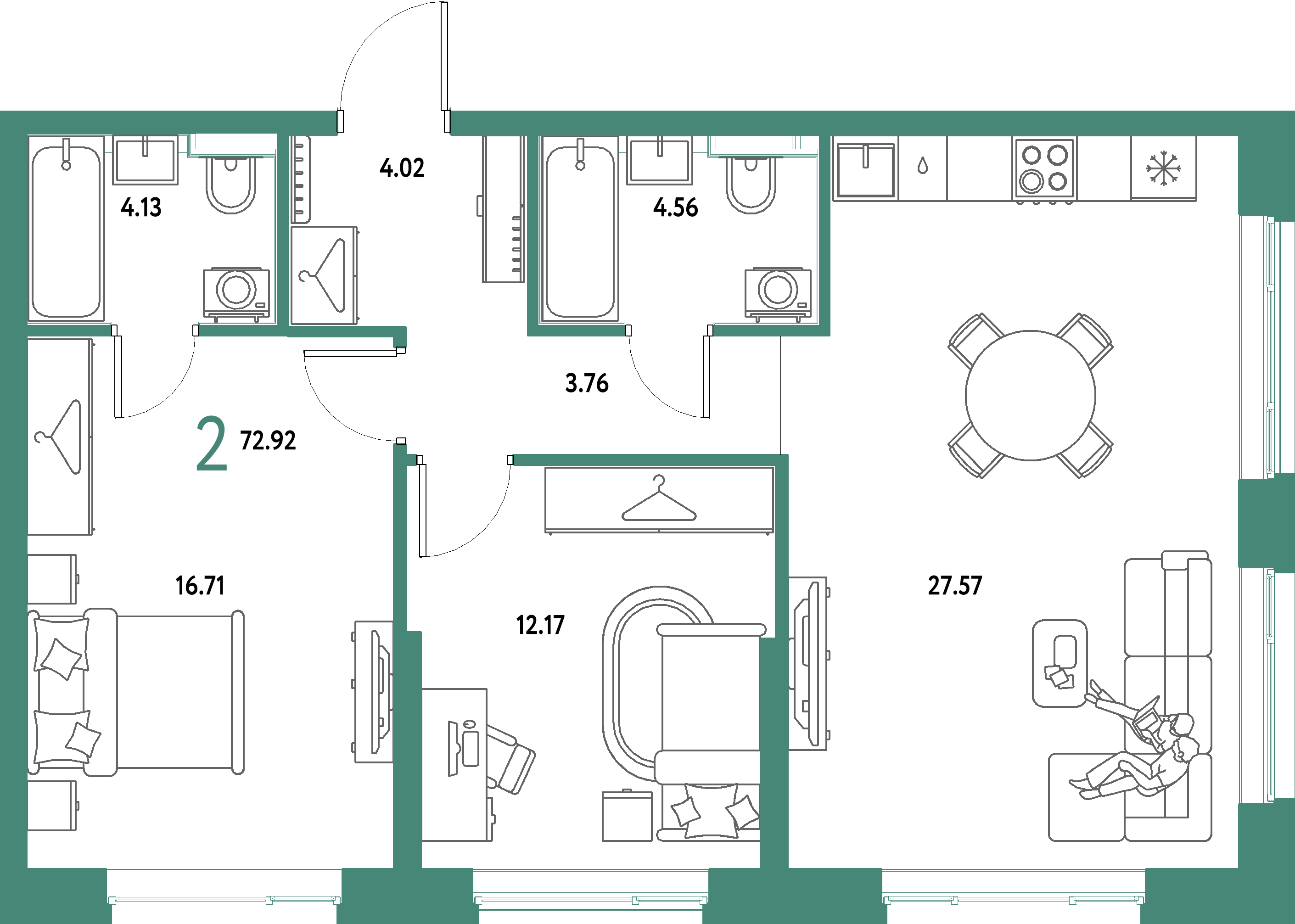 ЖК "Страна.Парковая"-2-комнатная 72.92 м²