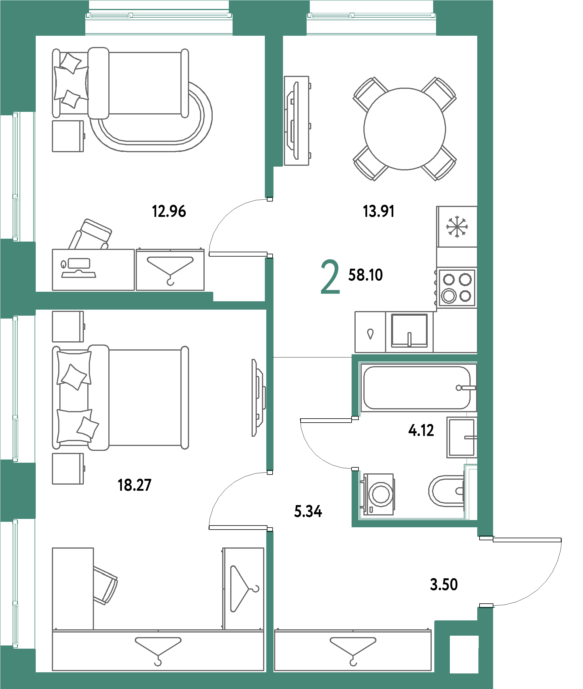 ЖК "Страна.Парковая"-2-комнатная 58.1 м²
