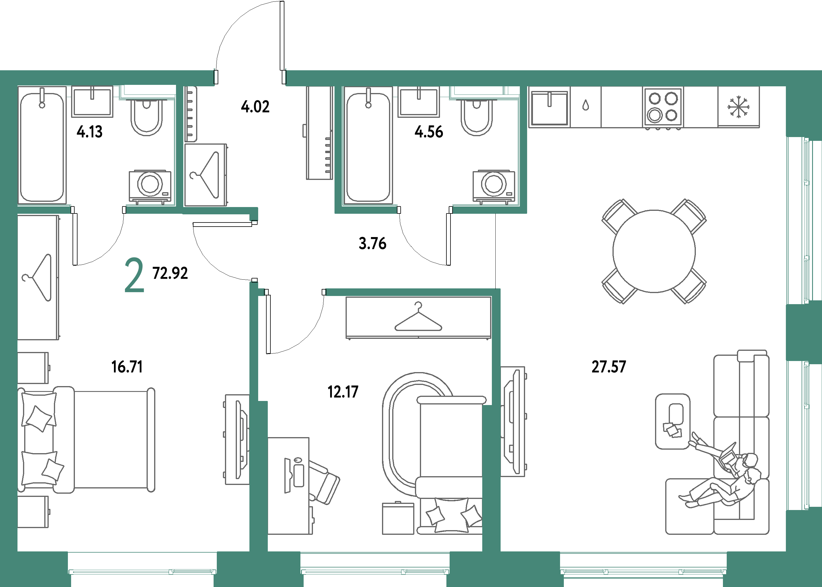 ЖК "Страна.Парковая"-2-комнатная 72.92 м²