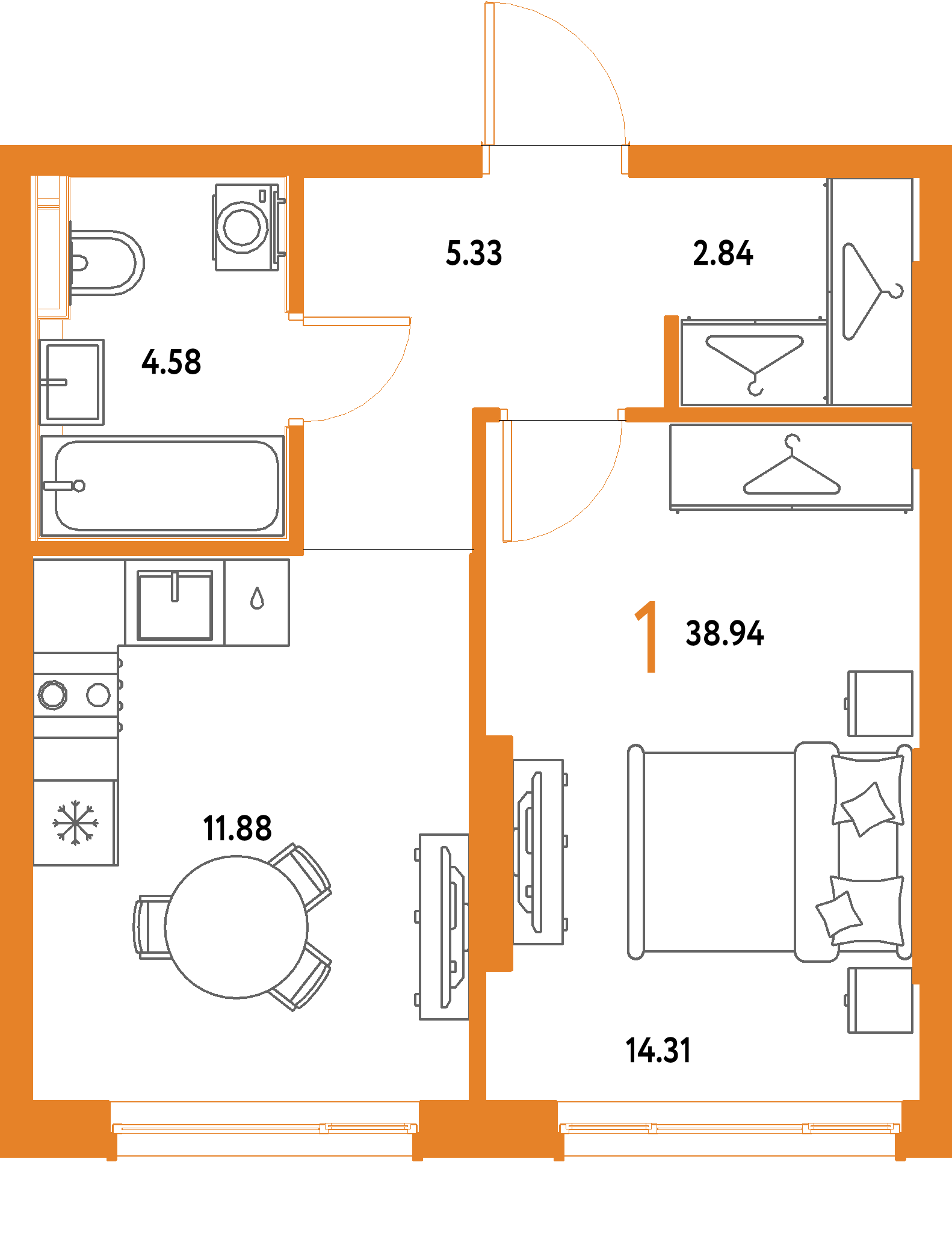 ЖК "Страна.Парковая"-1-комнатная 38.94 м²