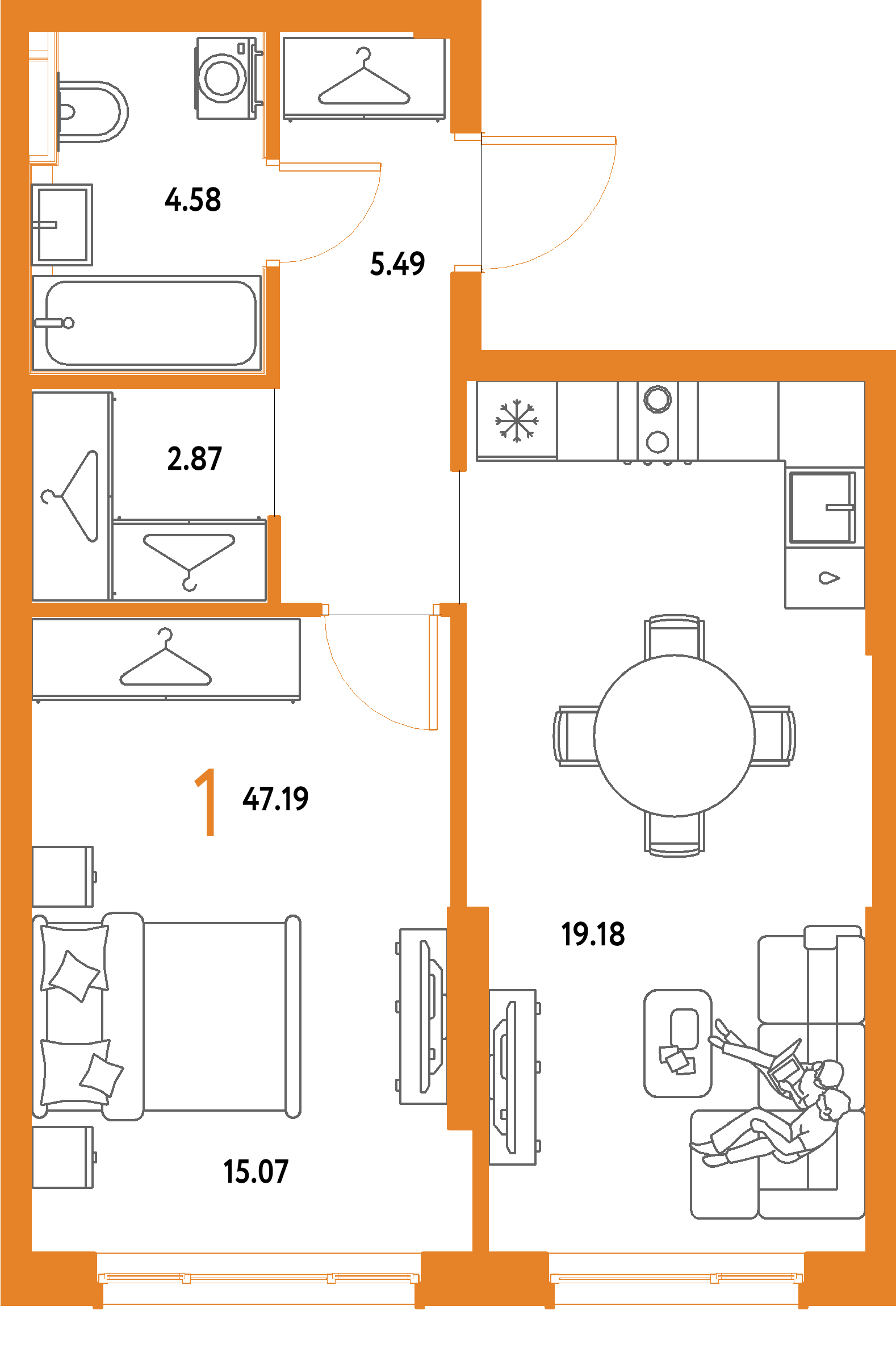 ЖК "Страна.Парковая"-1-комнатная 47.19 м²