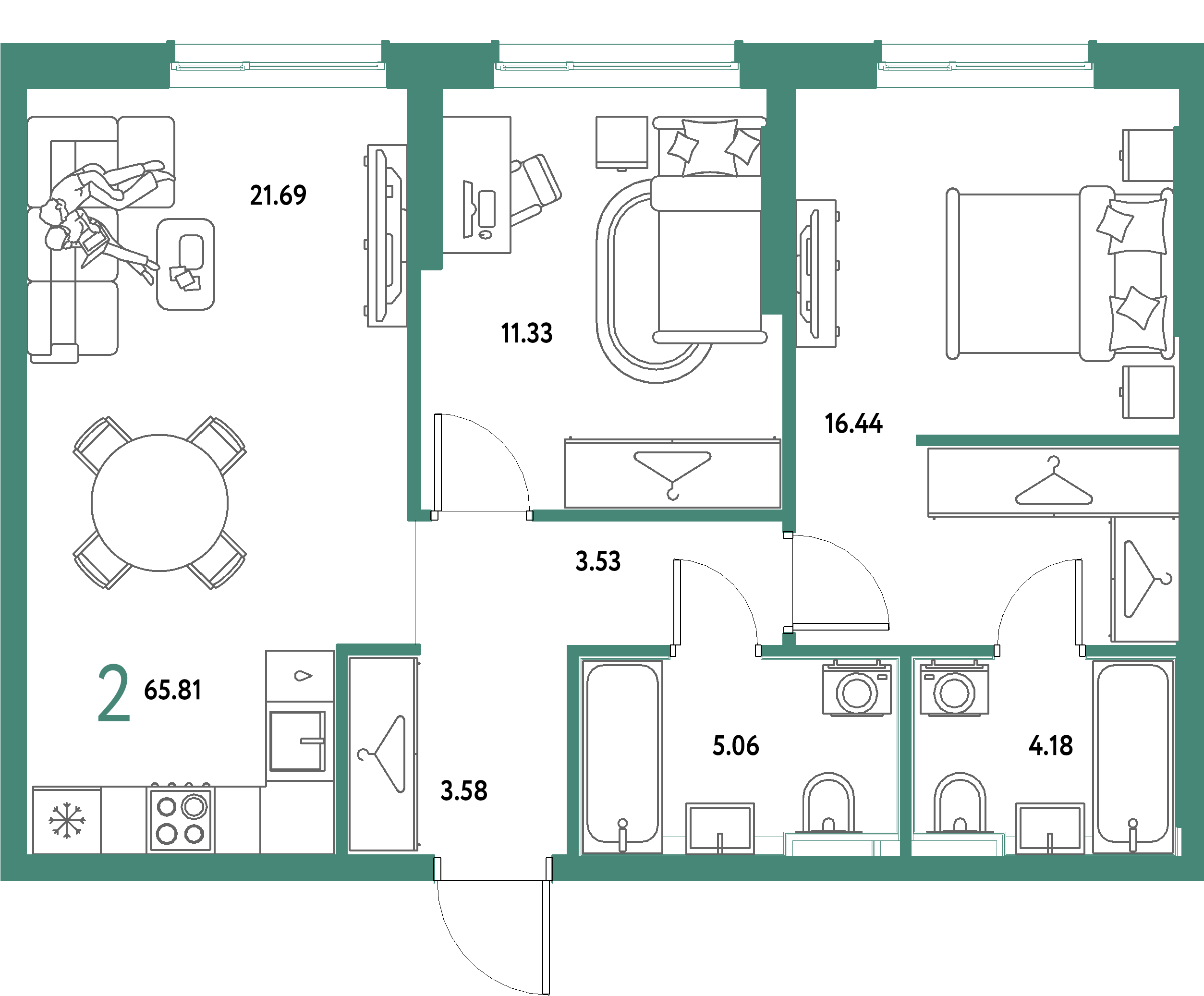 ЖК "Страна.Парковая"-2-комнатная 65.81 м²