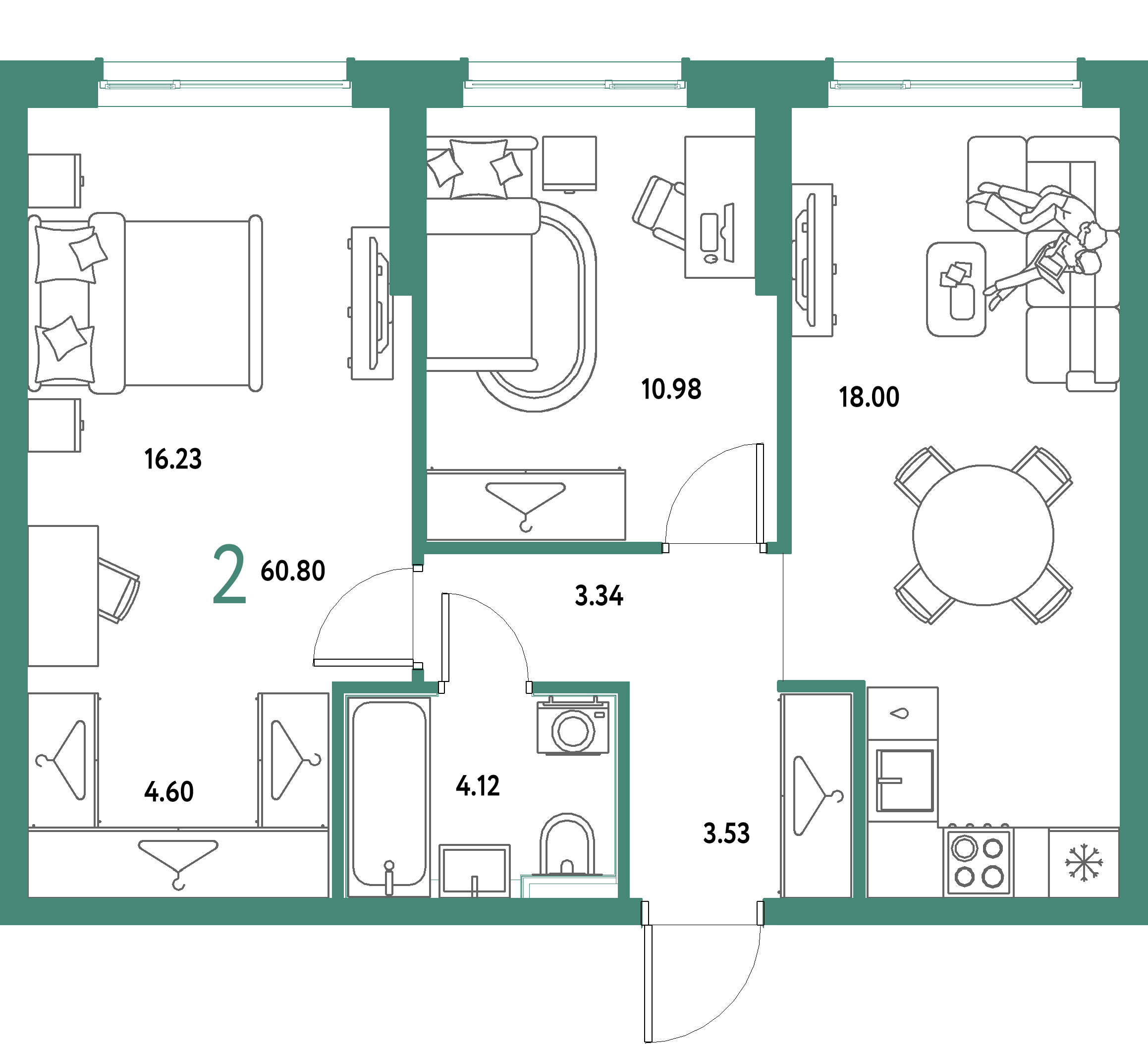 ЖК "Страна.Парковая"-2-комнатная 60.8 м²
