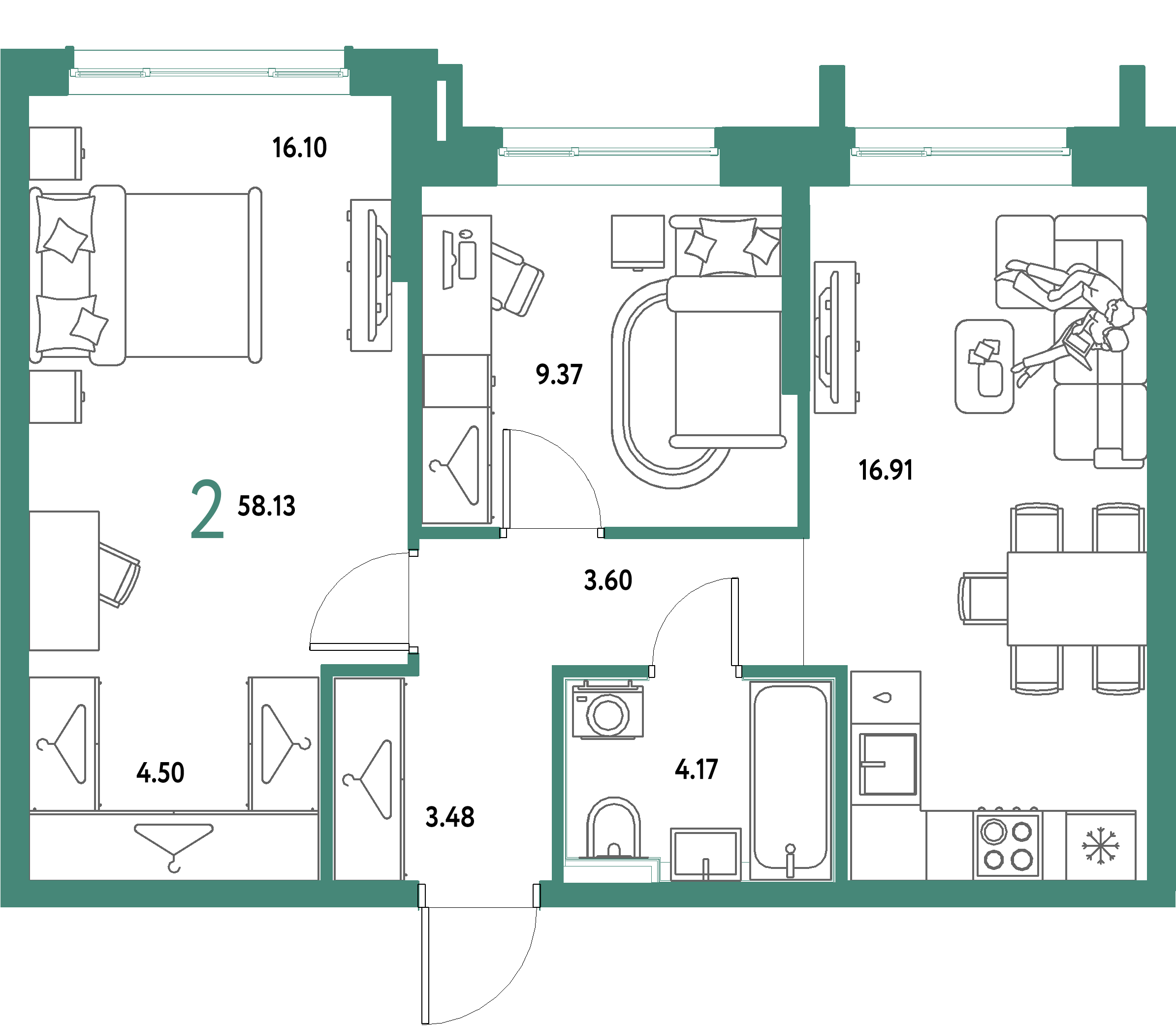 ЖК "Страна.Парковая"-2-комнатная 58.13 м²