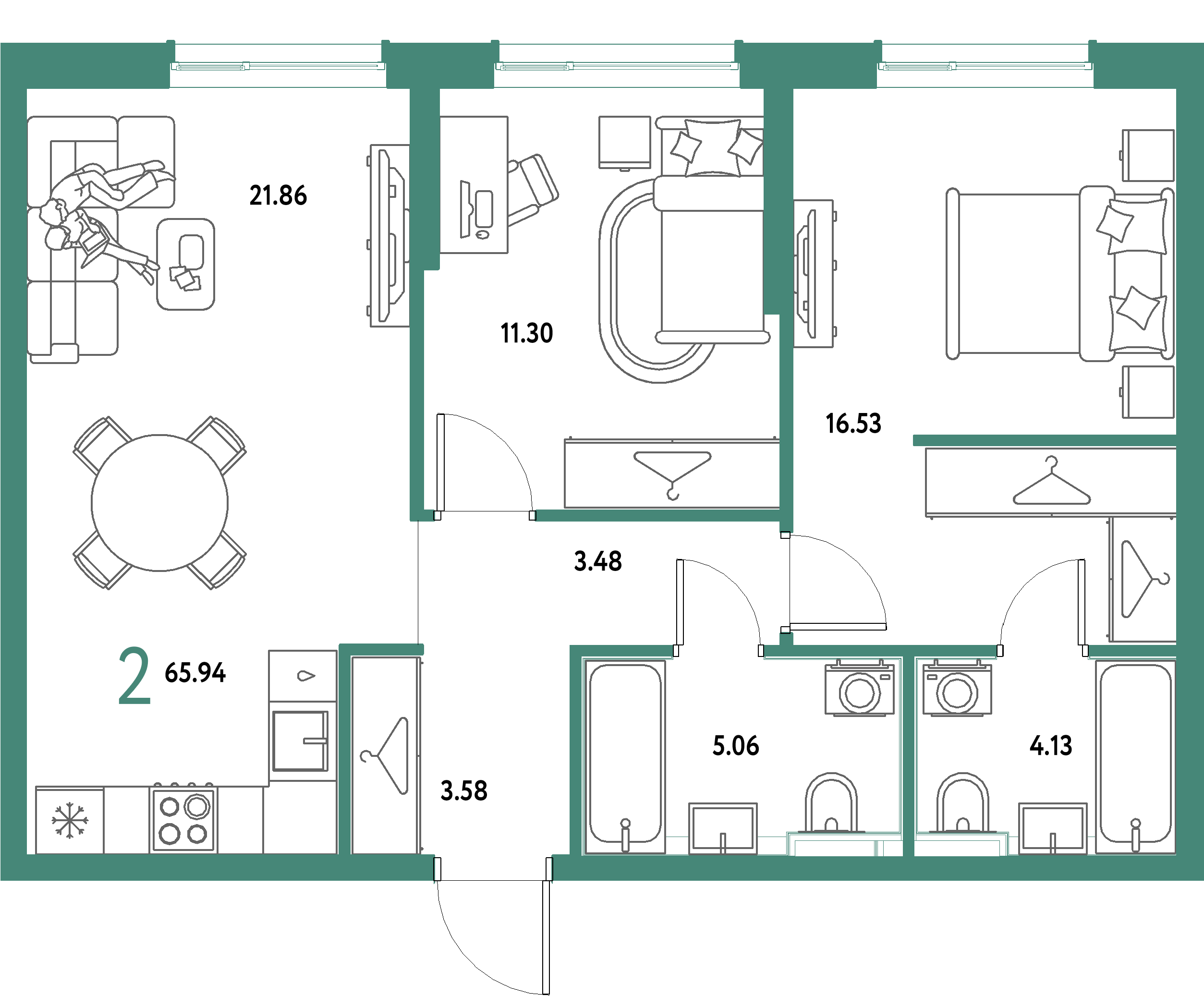 ЖК "Страна.Парковая"-2-комнатная 65.94 м²